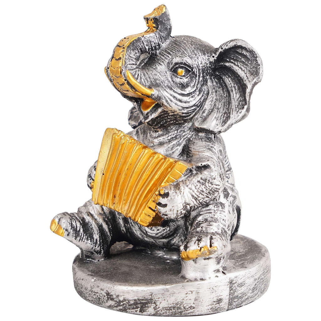 Silver Elephant Musician Figurine – Handcrafted Resin Elephant Statue with Accordion for Lucky Home Décor & Gifts (BLACKLUXE CRAFTS) - BLACKLUXECRAFTS