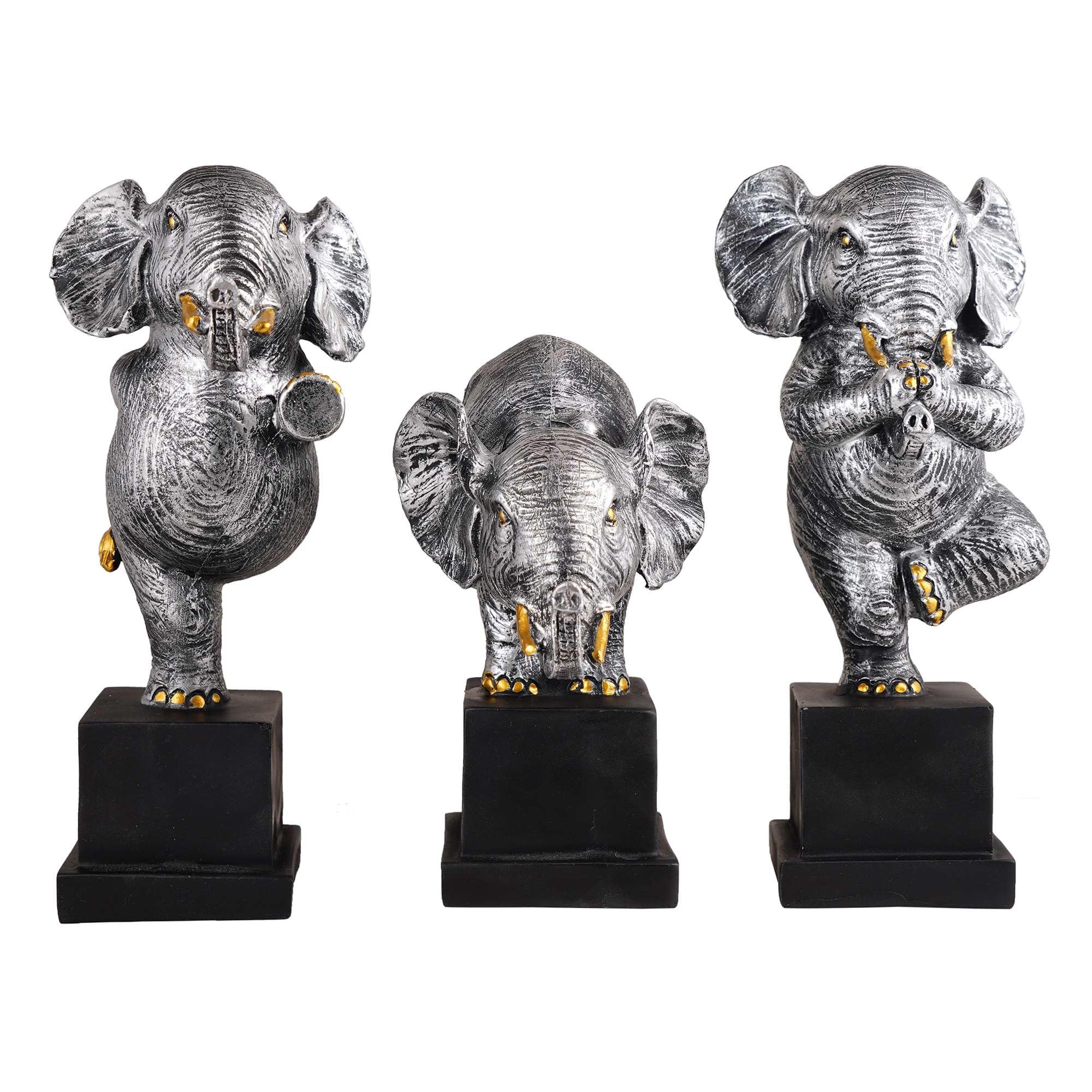 Silver Yoga Elephant Figurine Set – Handcrafted Resin Elephant Statues for Meditation, Luck & Modern Home Décor (Set Of 3) (BLACKLUXE CRAFTS) - BLACKLUXECRAFTS