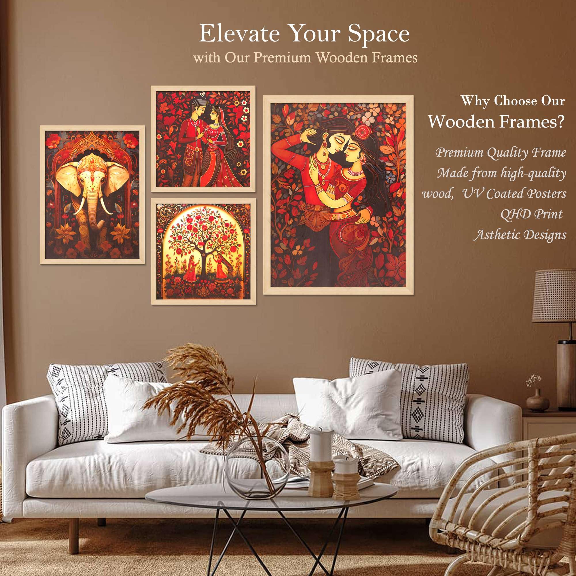 Traditional Indian Wall Art Set – Radha Krishna, Elephant & Tree of Life Paintings | Vibrant Handmade Canvas Prints for Living Room, Bedroom & Office | Spiritual Home Decor, Made in India ( 36X24 Inches ) (BLACKLUXE CRAFTS) - BLACKLUXECRAFTS