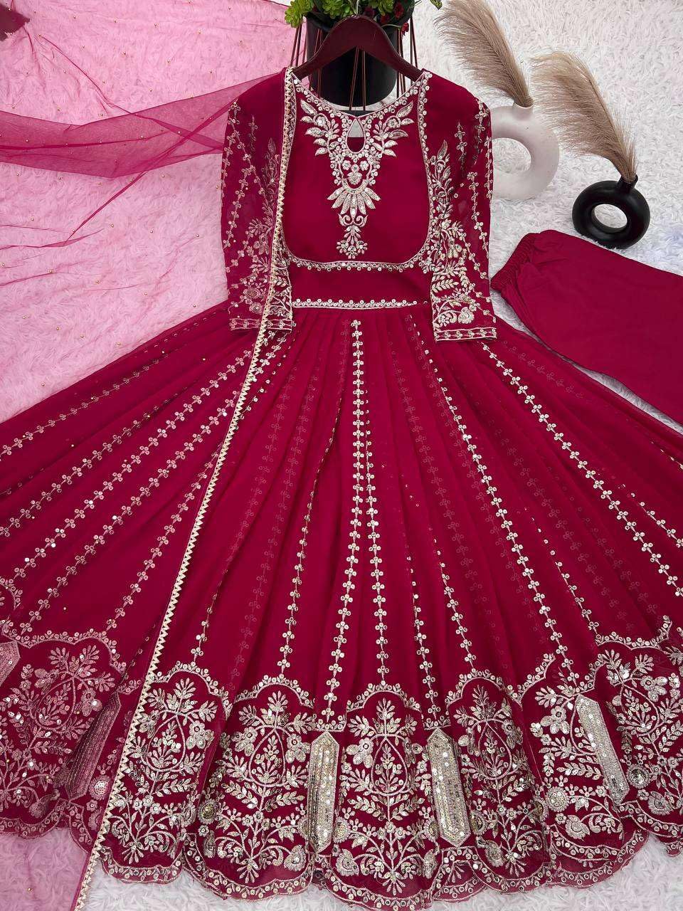 Women's Faux Georgette Embroidered Sequence Work Anarkali Kurti Gown with Net Dupatta (BLACKLUXE CRAFTS) - BLACKLUXECRAFTS