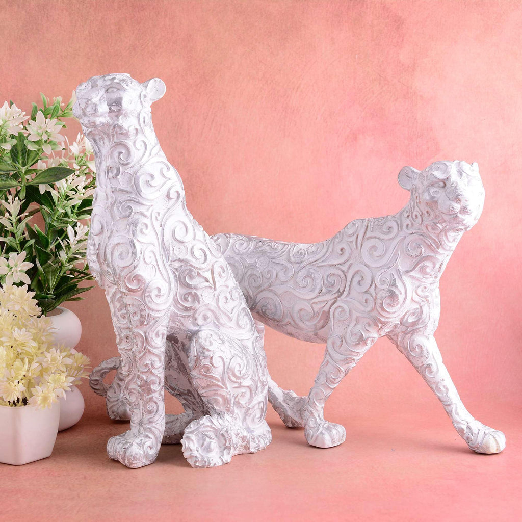 Handmade White Leopard Figurines Set – Elegant Resin Cheetah Statues with Carved Patterns for Luxury Home Décor Set Of Two (BLACKLUXE CRAFTS) - BLACKLUXECRAFTS