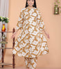 Women's Cotton Floral Printed Mandarin Collar A-Line Kurti with Pant (Brown) (BLACKLUXE CRAFTS) - BLACKLUXECRAFTS