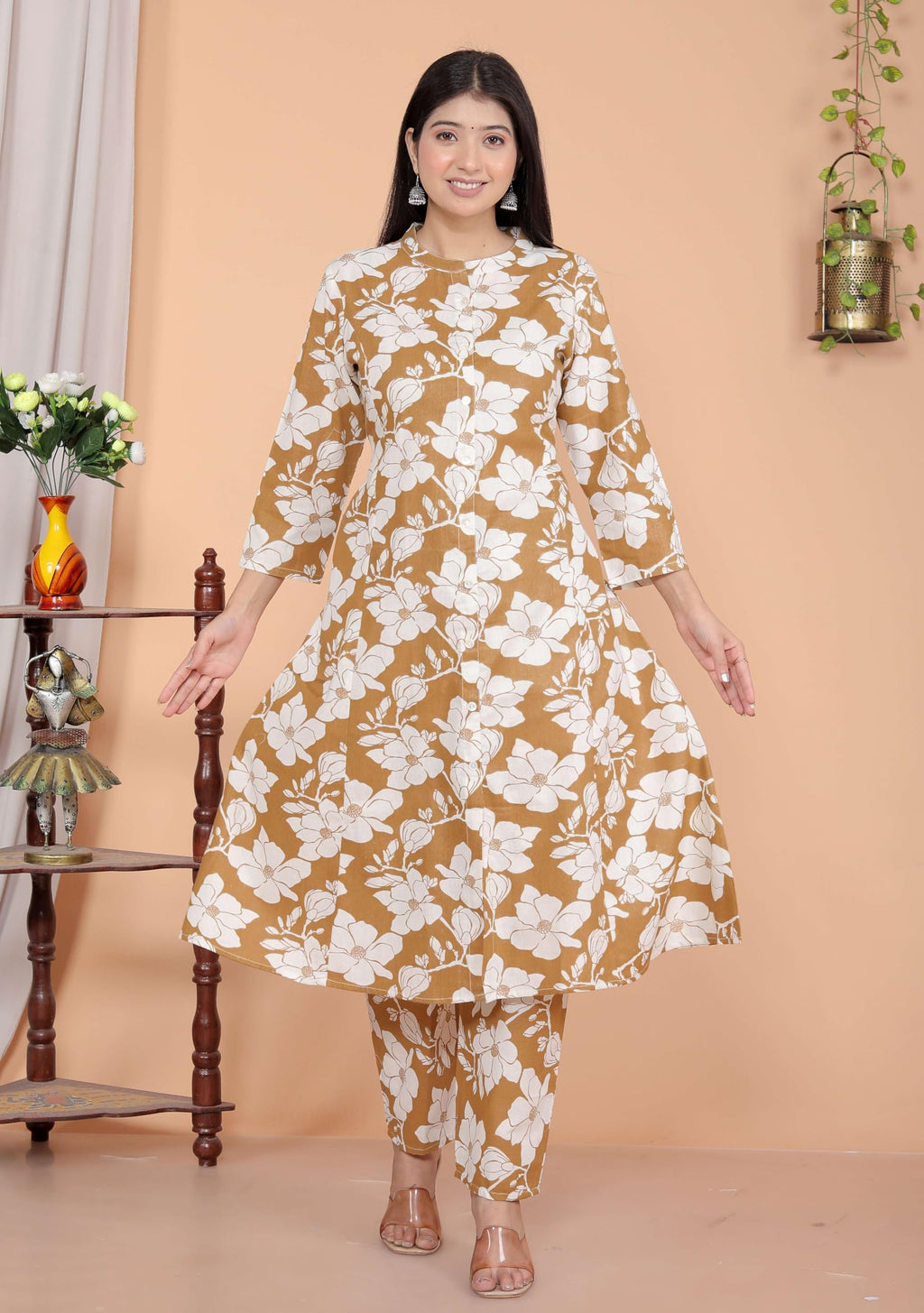 Women's Cotton Floral Printed Mandarin Collar A-Line Kurti with Pant (Brown) (BLACKLUXE CRAFTS) - BLACKLUXECRAFTS
