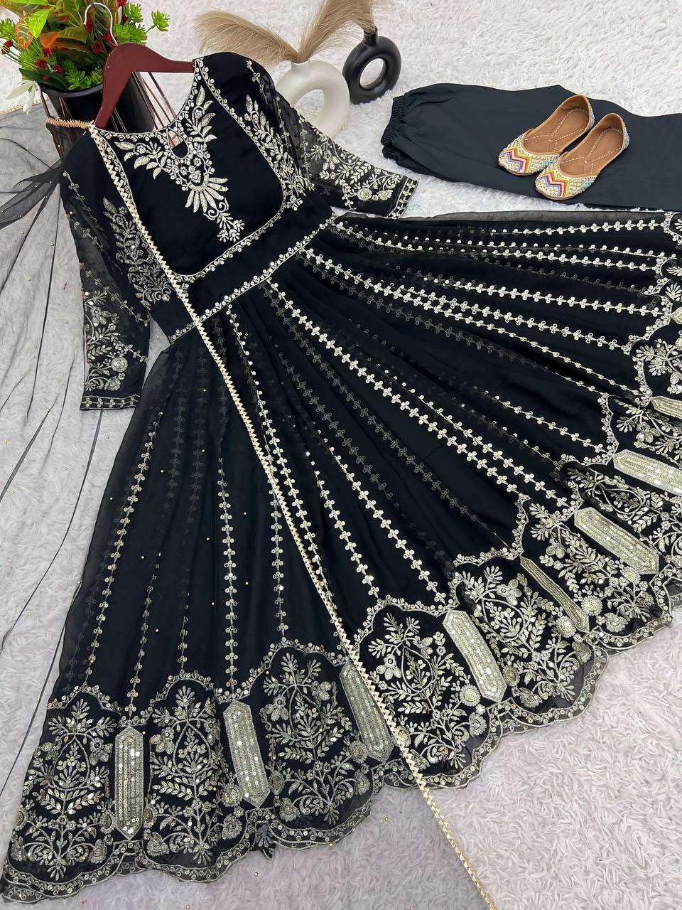 Women's Faux Georgette Embroidered Sequence Work Anarkali Kurti Gown with Net Dupatta (BLACKLUXE CRAFTS) - BLACKLUXECRAFTS