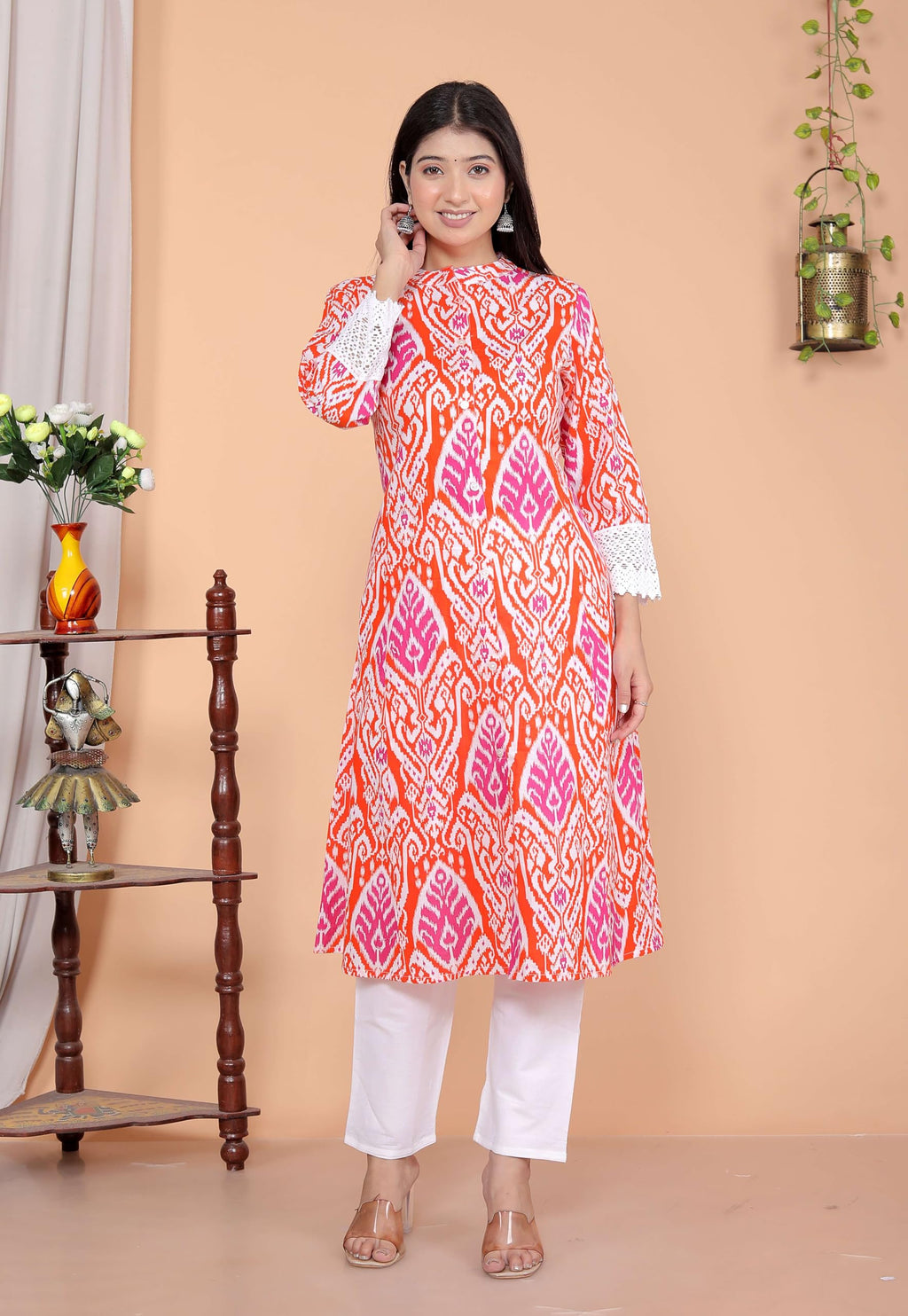Women's Cotton Printed Mandarin Collar A-Line Kurti with Pant (Orange) (BLACKLUXE CRAFTS) - BLACKLUXECRAFTS
