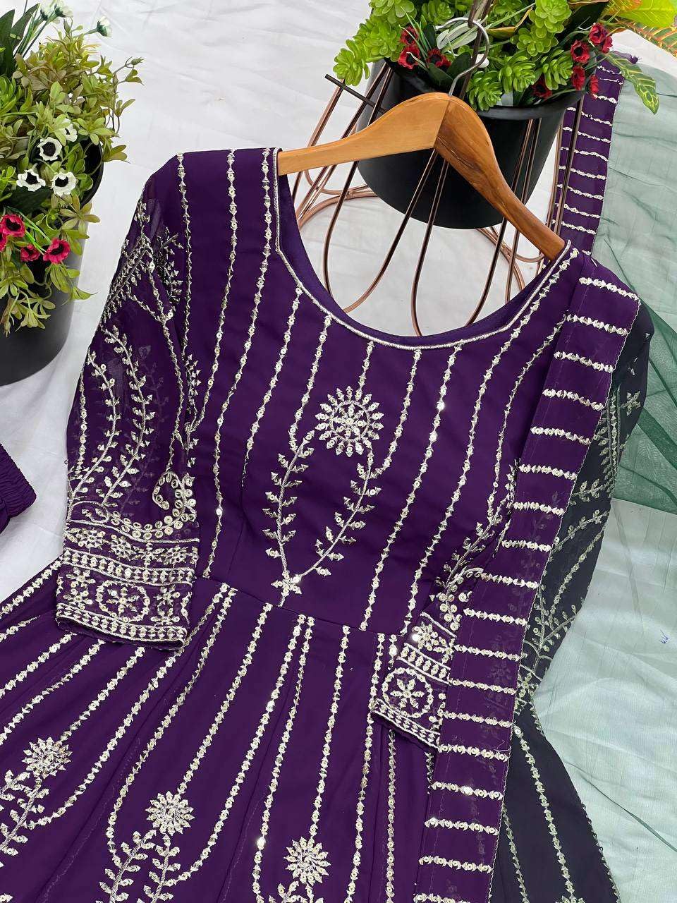 Women's Faux Georgette Embroidery Sequence Work Anarkali Kurti with Palazzo and Dupatta Set (BLACKLUXE CRAFTS) - BLACKLUXECRAFTS