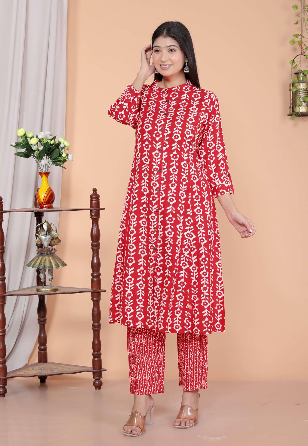 Women's Rayon Floral Printed Mandarin Collar A-Line Kurti with Trousers (Red)(BLACKLUXE CRAFTS) - BLACKLUXECRAFTS
