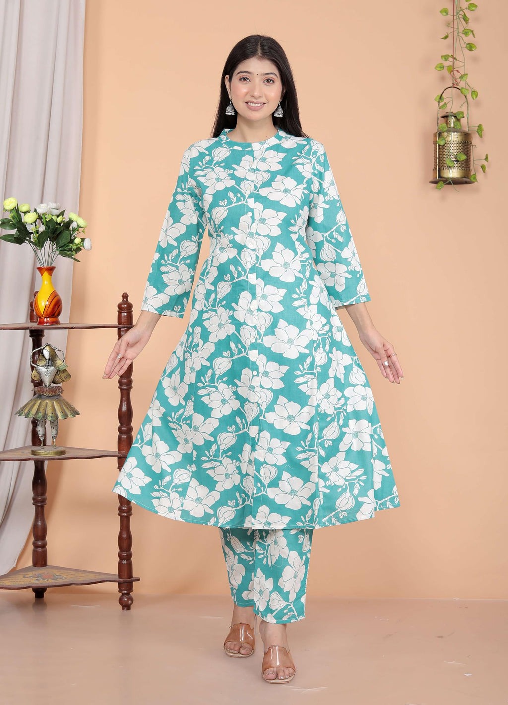 Women's Cotton Floral Printed Mandarin Collar A-Line Kurti with Pant (Sky Blue) (BLACKLUXE CRAFTS) - BLACKLUXECRAFTS