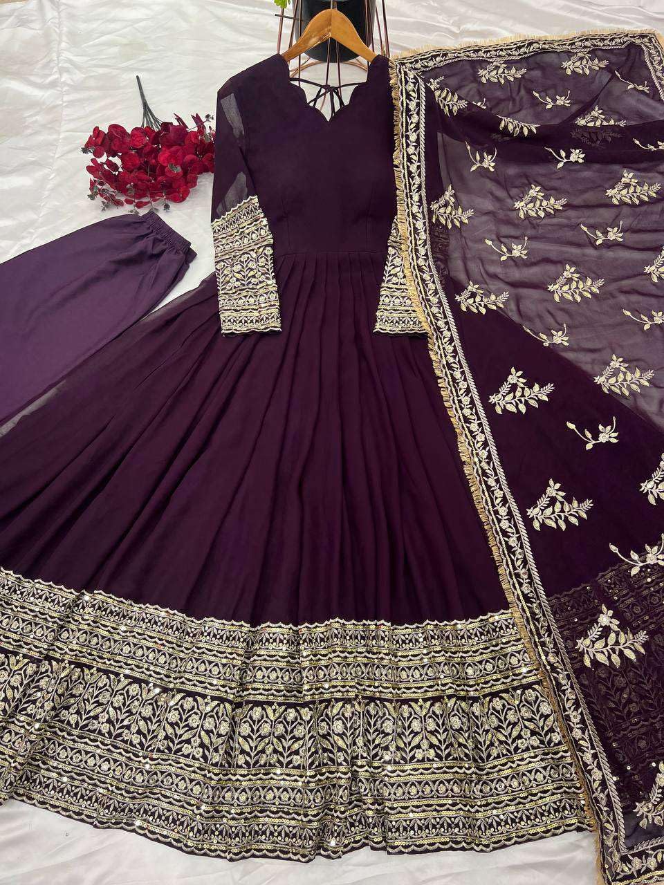 Maroon Anarkali Gown with Heavy Golden Embroidery & Dupatta | Designer Indian Pakistani Wedding Dress for Women (BLACKLUXE CRAFTS) - BLACKLUXECRAFTS