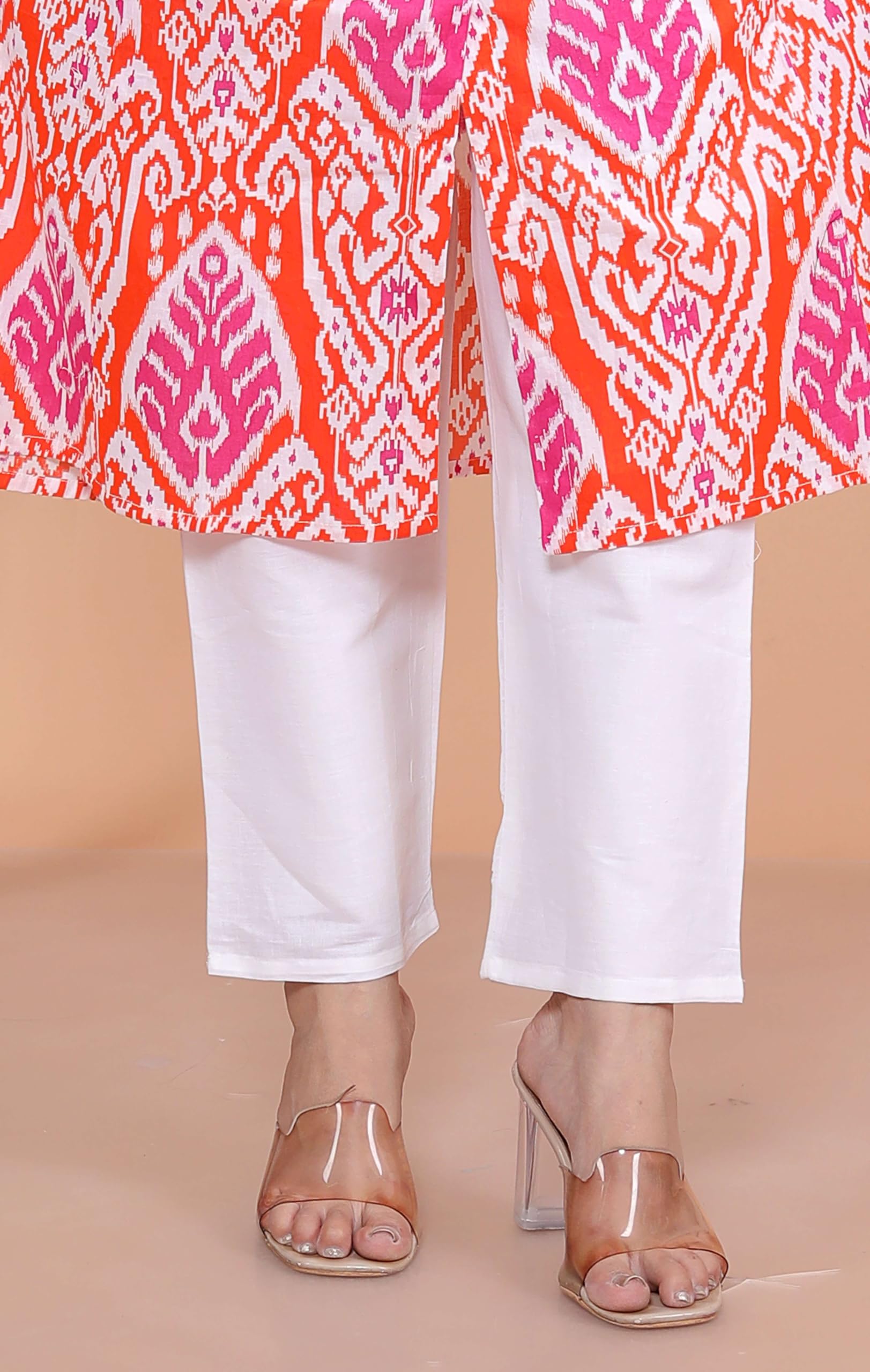 Women's Cotton Printed Mandarin Collar A-Line Kurti with Pant (Orange) (BLACKLUXE CRAFTS) - BLACKLUXECRAFTS