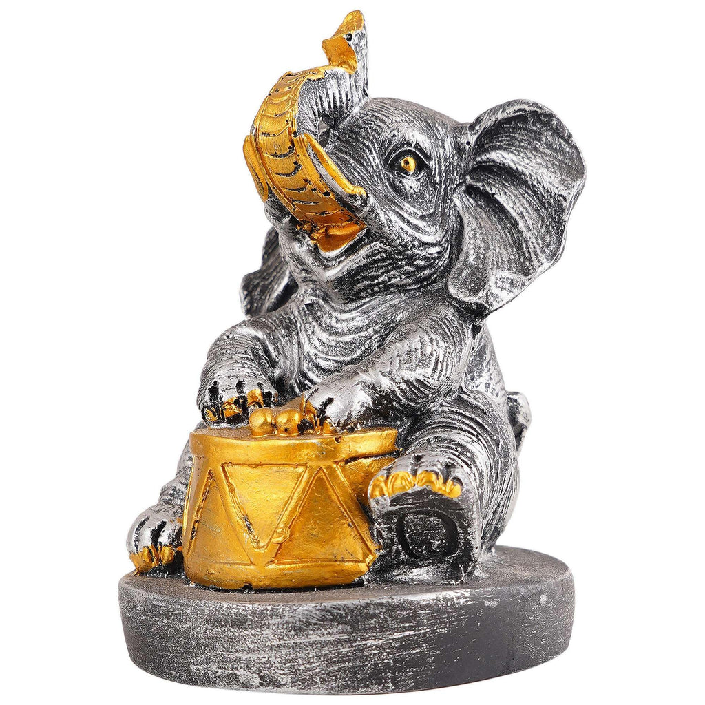 Silver Elephant Drummer Figurine – Handcrafted Resin Elephant Playing Drum Statue for Home Décor & Spiritual Gift (BLACKLUXE CRAFTS) - BLACKLUXECRAFTS
