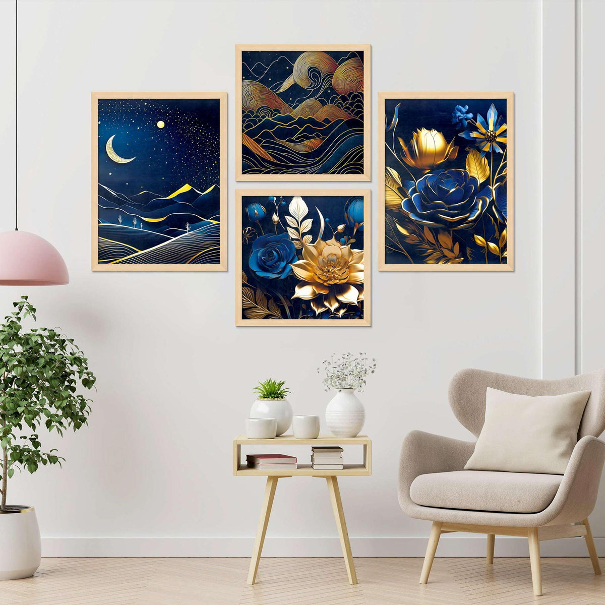 Luxury Blue & Gold Wall Art Set of 4 | Moonlight Landscape & Floral Canvas Prints | Modern Framed Artwork for Living Room, Bedroom & Office Decor
( 36X24 Inches ) (BLACKLUXE CRAFTS) - BLACKLUXECRAFTS