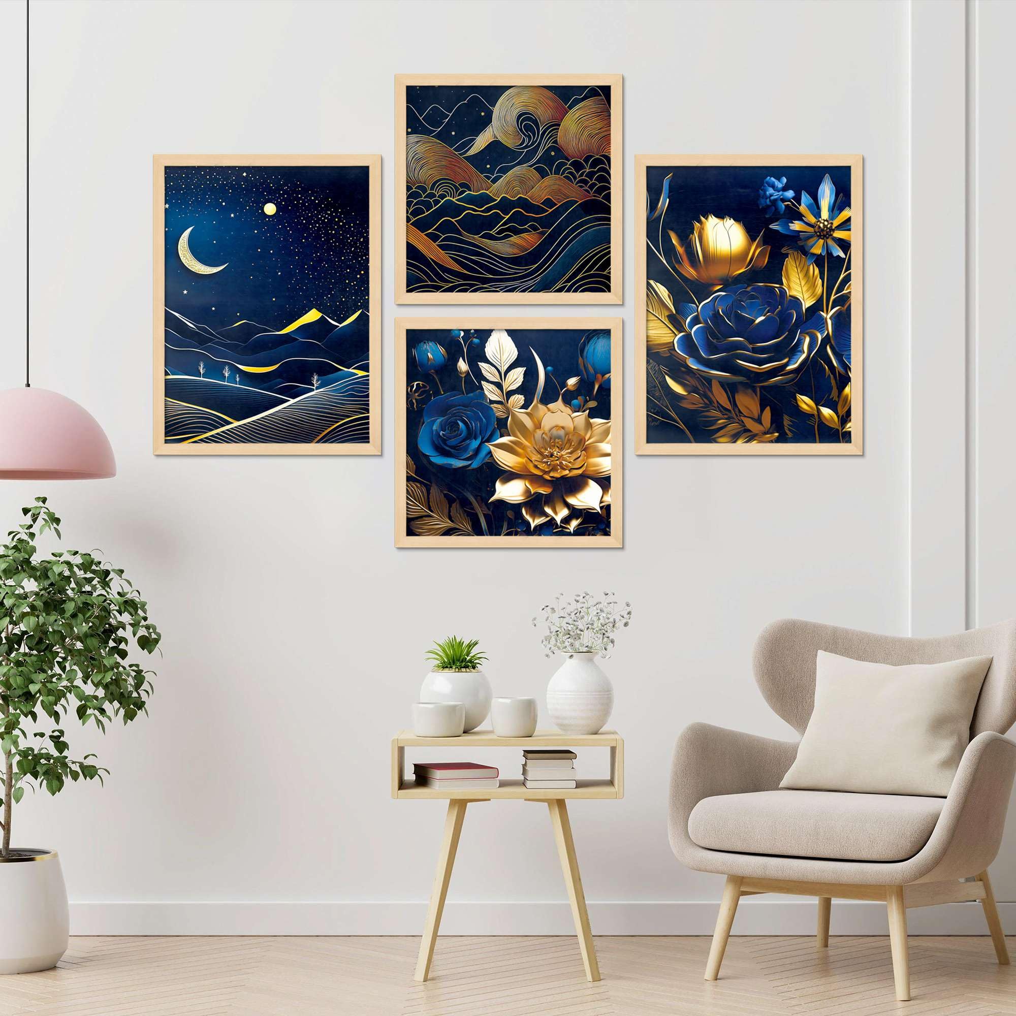 Luxury Blue & Gold Wall Art Set of 4 | Moonlight Landscape & Floral Canvas Prints | Modern Framed Artwork for Living Room, Bedroom & Office Decor
( 36X24 Inches ) (BLACKLUXE CRAFTS) - BLACKLUXECRAFTS
