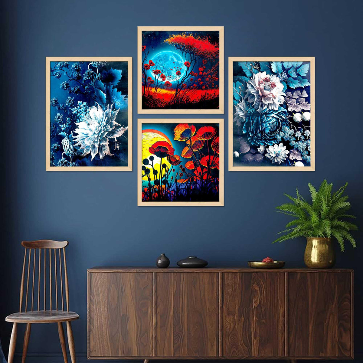 Floral Moonlight Wall Art Set of 4 | Vibrant Red & Blue Flower Canvas Prints | Modern Framed Artwork for Living Room, Bedroom & Office Decor
 ( 36X24 Inches ) (BLACKLUXE CRAFTS) - BLACKLUXECRAFTS