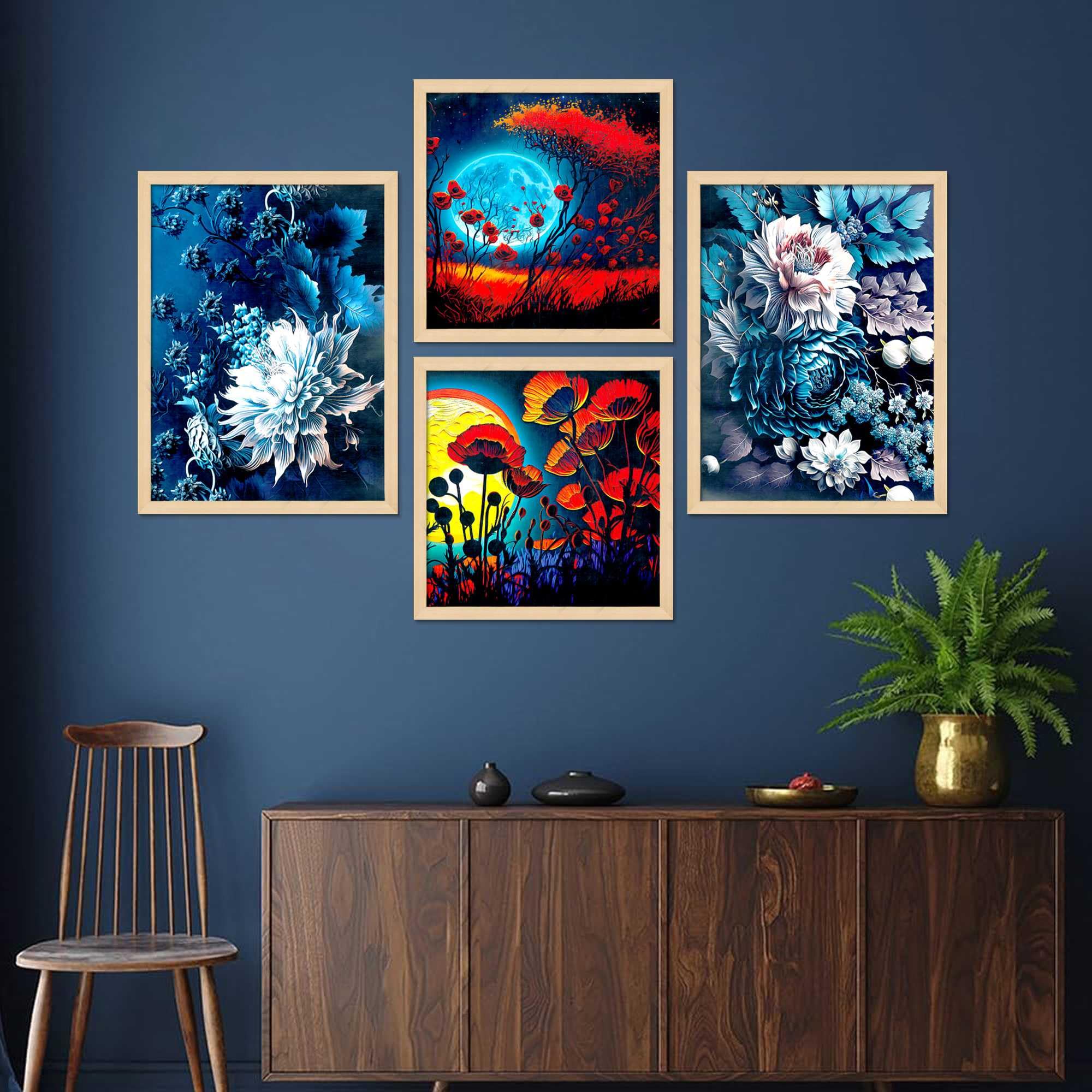 Floral Moonlight Wall Art Set of 4 | Vibrant Red & Blue Flower Canvas Prints | Modern Framed Artwork for Living Room, Bedroom & Office Decor
 ( 36X24 Inches ) (BLACKLUXE CRAFTS) - BLACKLUXECRAFTS