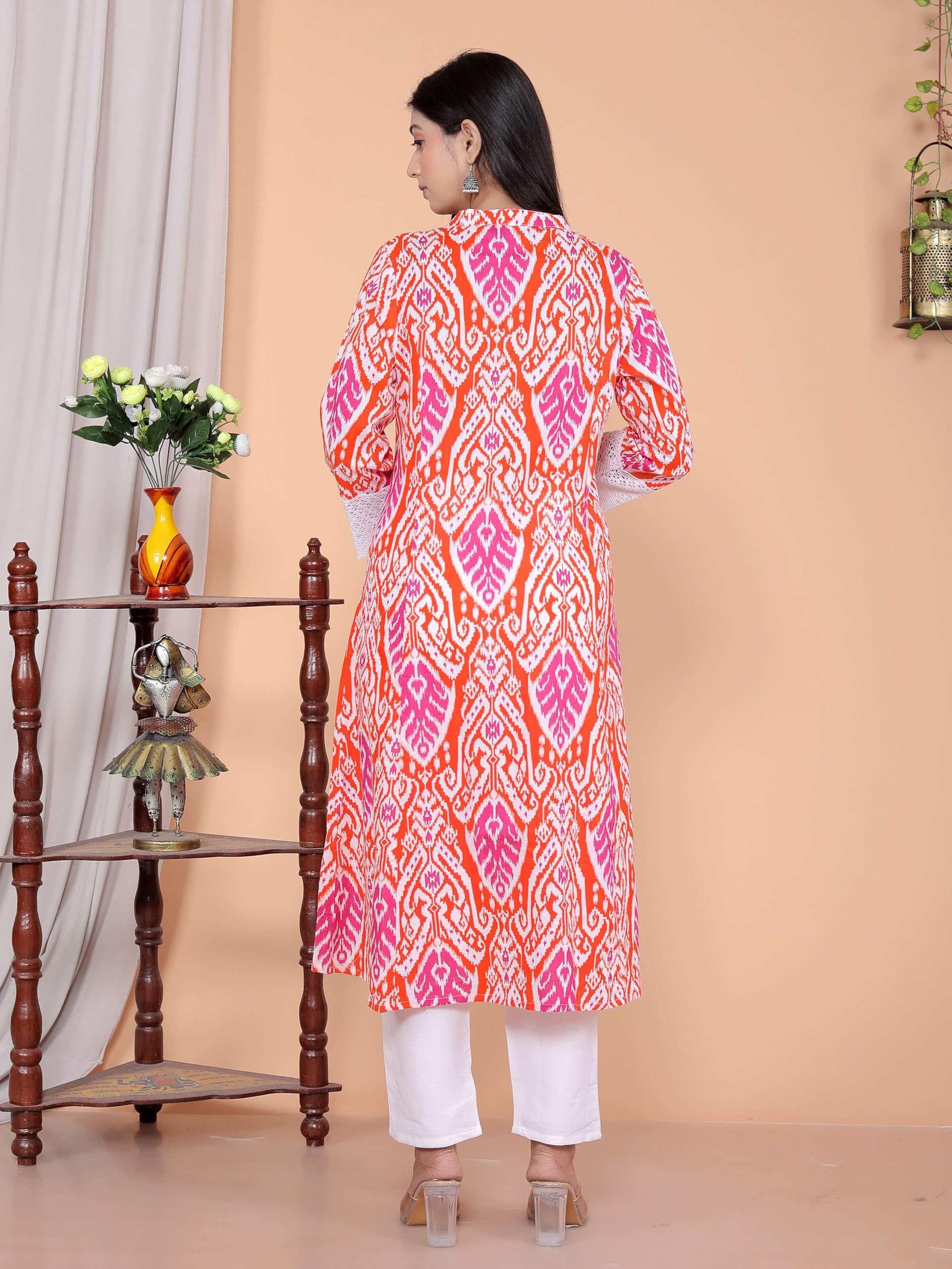 Women's Cotton Printed Mandarin Collar A-Line Kurti with Pant (Orange) (BLACKLUXE CRAFTS) - BLACKLUXECRAFTS