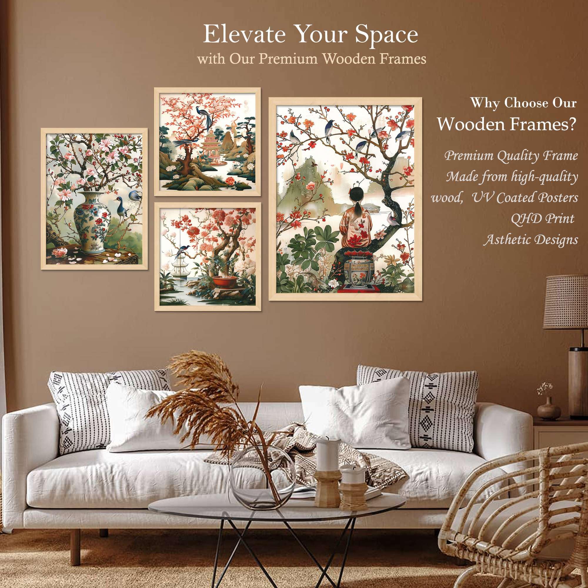 Oriental Cherry Blossom Wall Art Set of 4 | Japanese Chinese Style Canvas Prints with Birds & Nature | Elegant Asian Wall Decor for Living Room & Bedroom ( 36X24 Inches ) (BLACKLUXE CRAFTS) - BLACKLUXECRAFTS