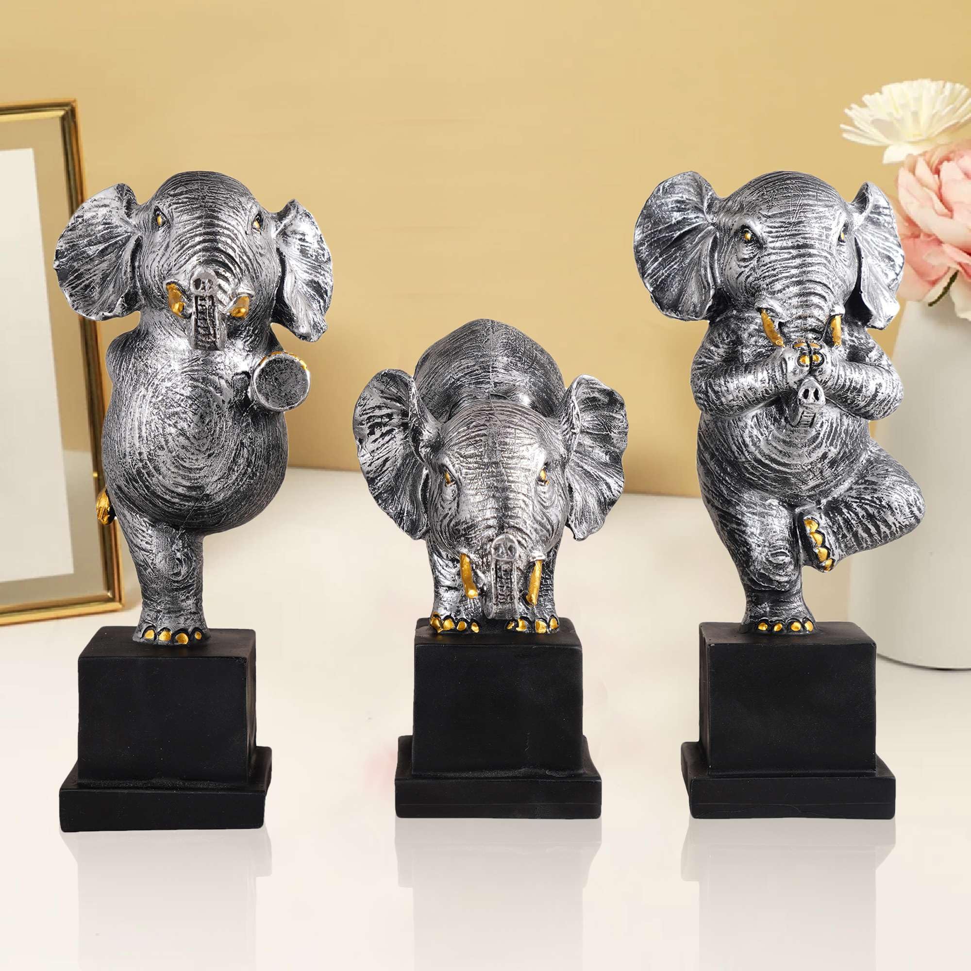 Silver Yoga Elephant Figurine Set – Handcrafted Resin Elephant Statues for Meditation, Luck & Modern Home Décor (Set Of 3) (BLACKLUXE CRAFTS) - BLACKLUXECRAFTS