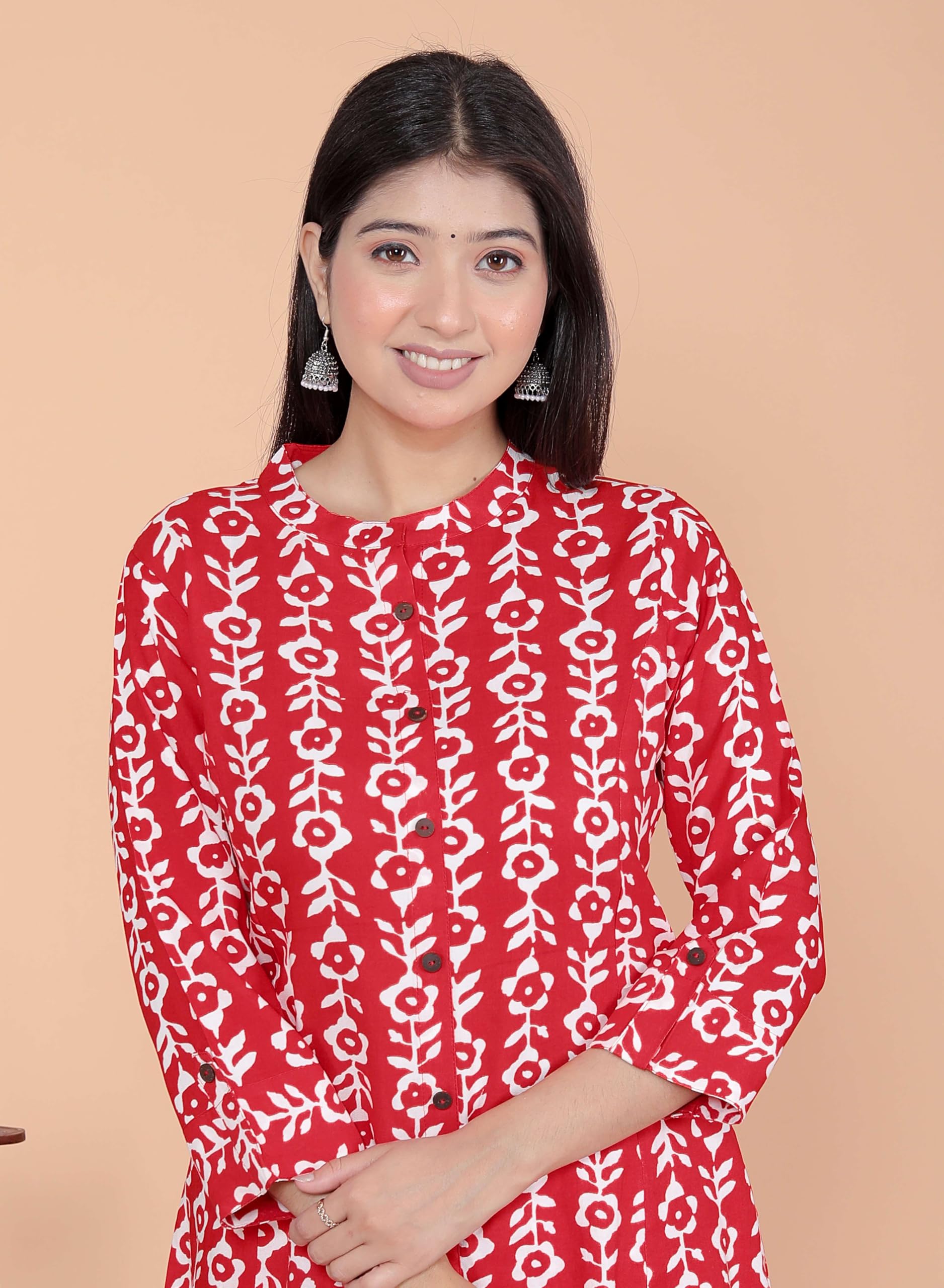 Women's Rayon Floral Printed Mandarin Collar A-Line Kurti with Trousers (Red)(BLACKLUXE CRAFTS) - BLACKLUXECRAFTS