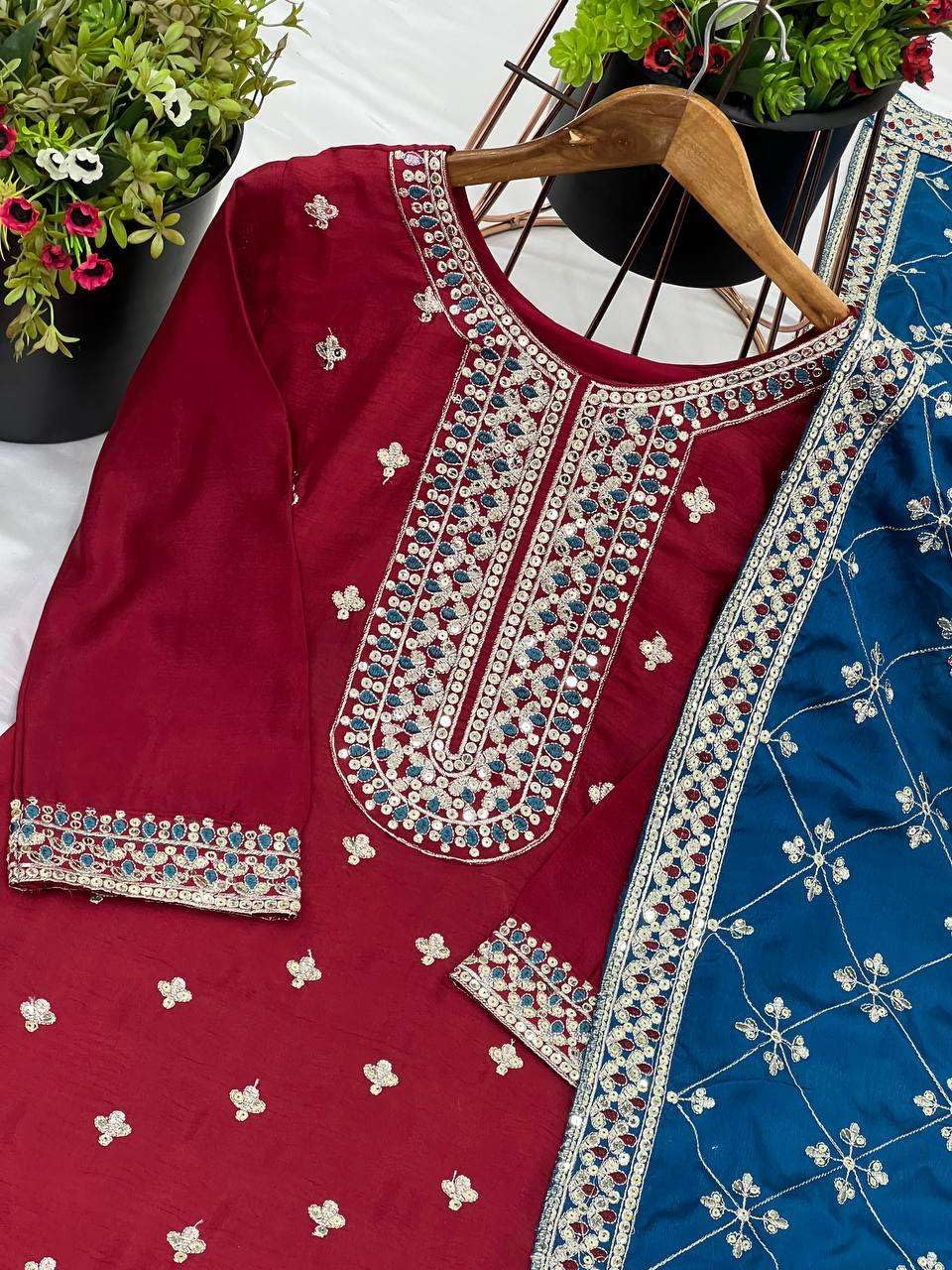 Women's Chinnon Silk Embroidered Straight Kurti with Pant & Dupatta Set (BLACKLUXE CRAFTS) - BLACKLUXECRAFTS