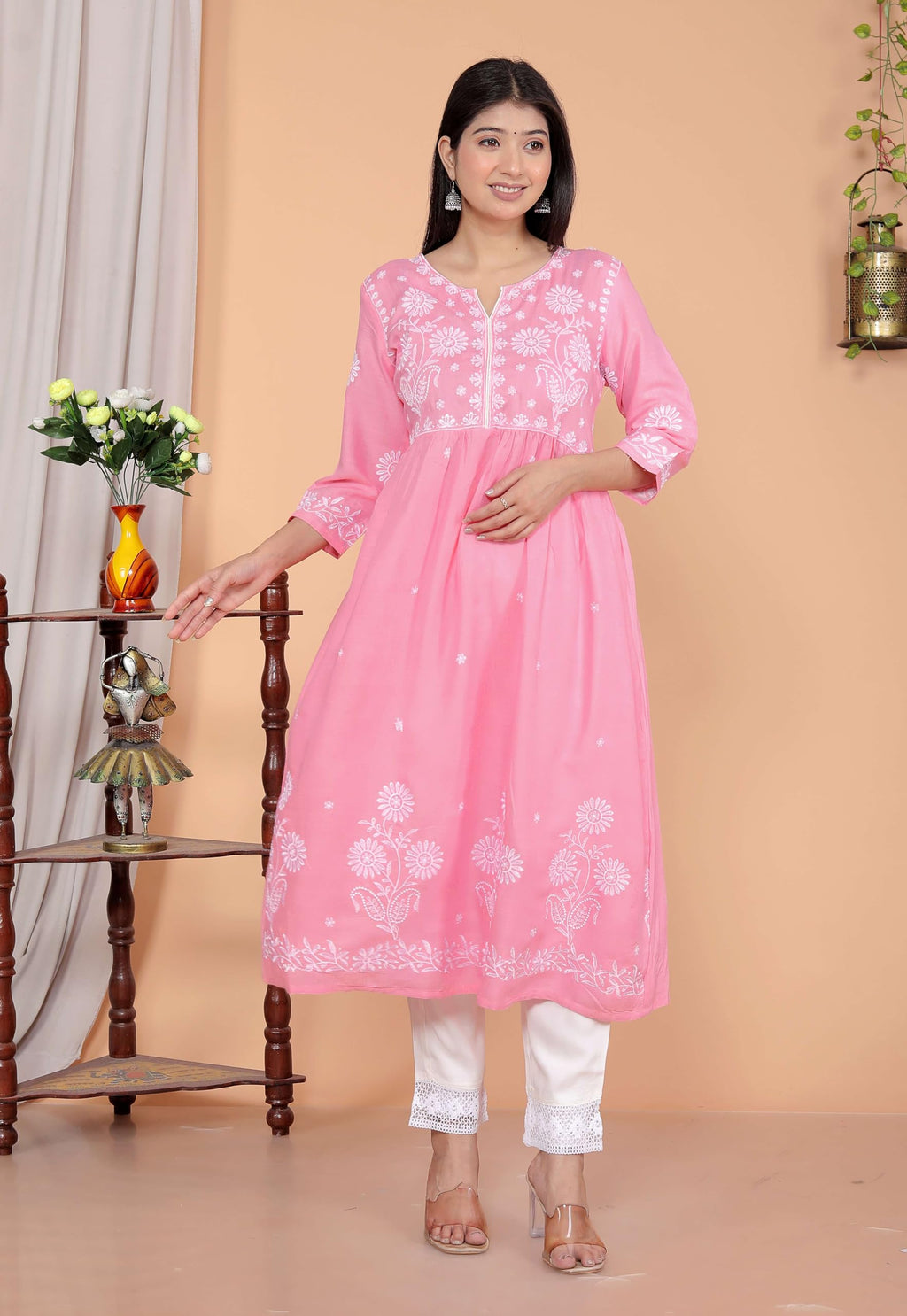 Women's Rayon Embroidered vcut Collar Anarkali Kurti with Pant (Pink) (BLACKLUXE CRAFTS) - BLACKLUXECRAFTS