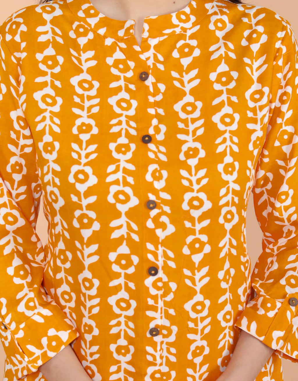 Women's Cotton Floral Printed Mandarin Collar A-Line Kurti with Pant (Orange) (BLACKLUXE CRAFTS) - BLACKLUXECRAFTS
