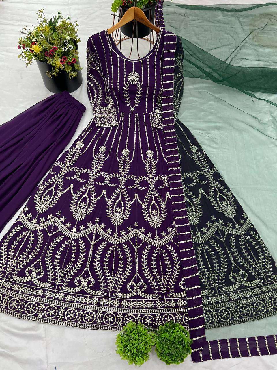 Women's Faux Georgette Embroidery Sequence Work Anarkali Kurti with Palazzo and Dupatta Set (BLACKLUXE CRAFTS) - BLACKLUXECRAFTS