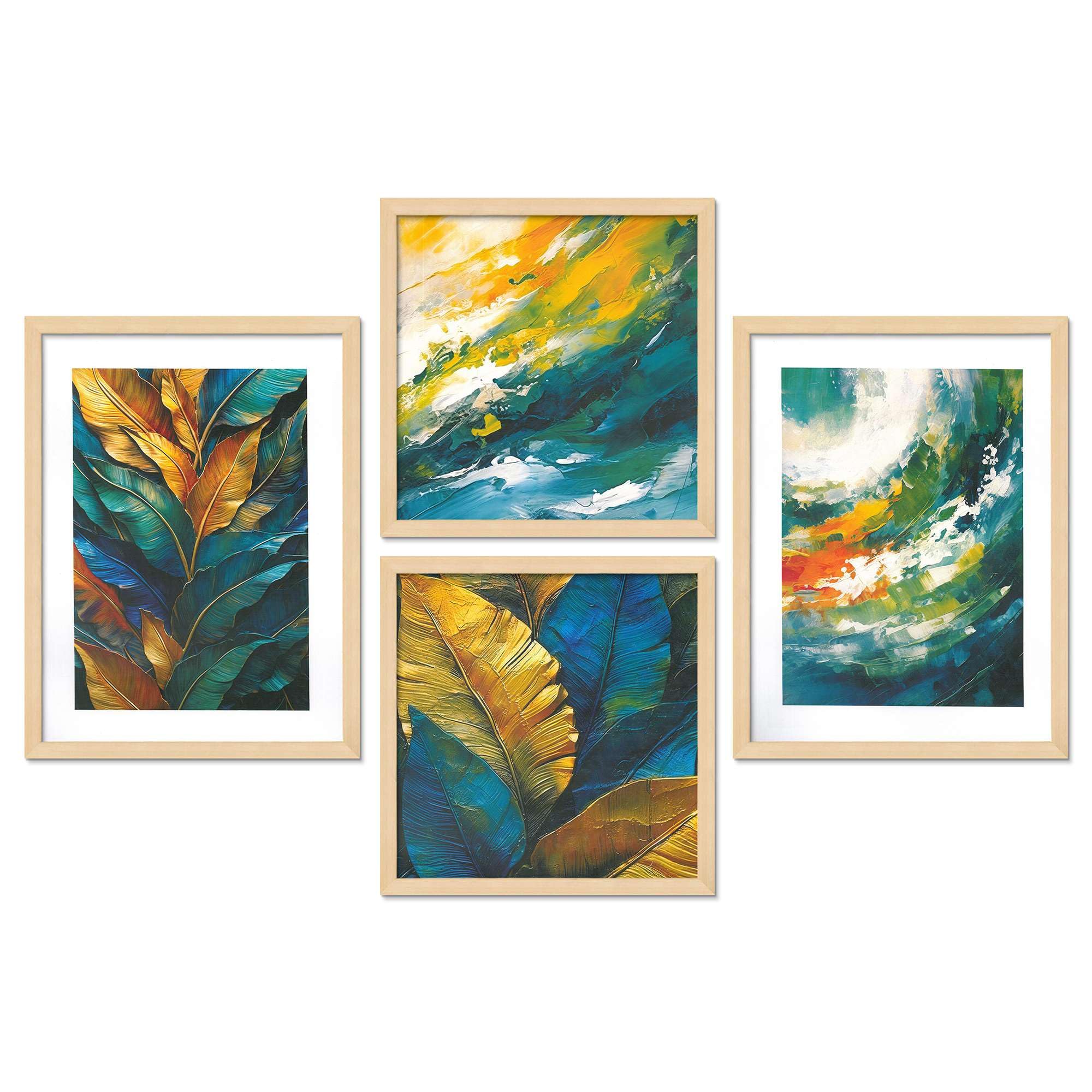 Abstract Leaf & Ocean Wall Art Set – Modern Nature Canvas Prints in Blue, Green & Gold | Luxury Home Décor for Living Room, Bedroom & Office | Handmade in India ( 36X24 Inches ) (BLACKLUXE CRAFTS) - BLACKLUXECRAFTS