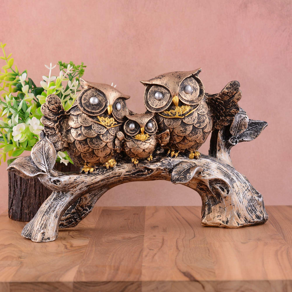 Antique Finish Owl Family Figurine on Tree Branch – Handcrafted Resin Owl Statue for Home Décor & Gifting (BLACKLUXE CRAFTS) - BLACKLUXECRAFTS