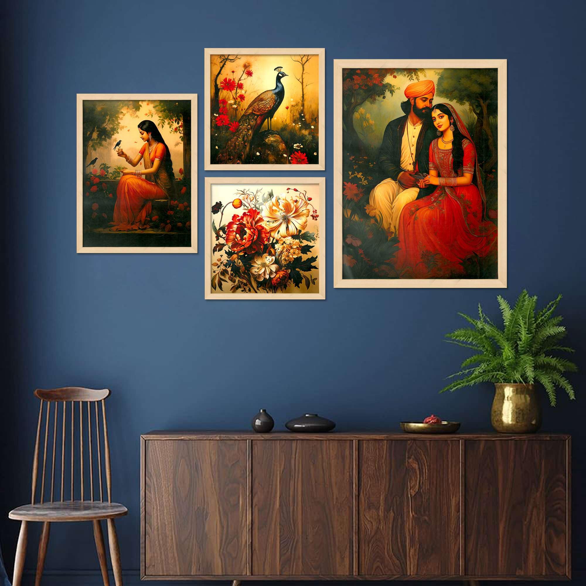 Royal Indian Wall Art Set – Peacock, Floral & Couple Paintings | Traditional Handmade Canvas Prints for Home & Office Decor | Luxury Wall Decoration, Made in India ( 36X24 Inches ) (BLACKLUXE CRAFTS) - BLACKLUXECRAFTS