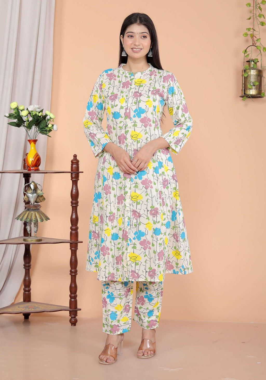 Women's Cotton Floral Printed Mandarin Collar A-Line Kurti with Pant (Cream)(BLACKLUXE CRAFTS) - BLACKLUXECRAFTS