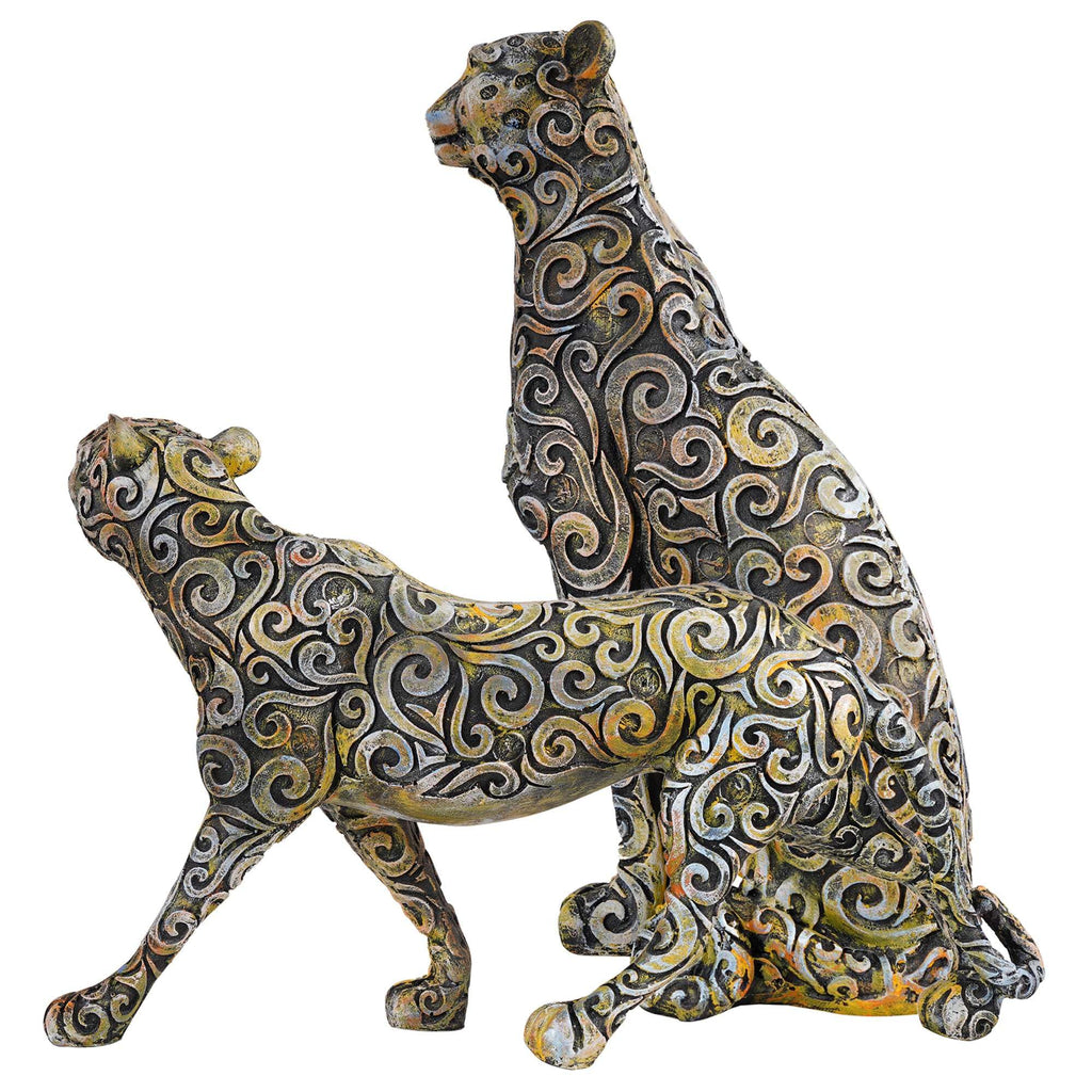 Handmade Colorful Leopard Figurines Set – Artistic Resin Cheetah Statues with Intricate Carved Patterns for Modern Home Décor Set Of Two (BLACKLUXE CRAFTS) - BLACKLUXECRAFTS