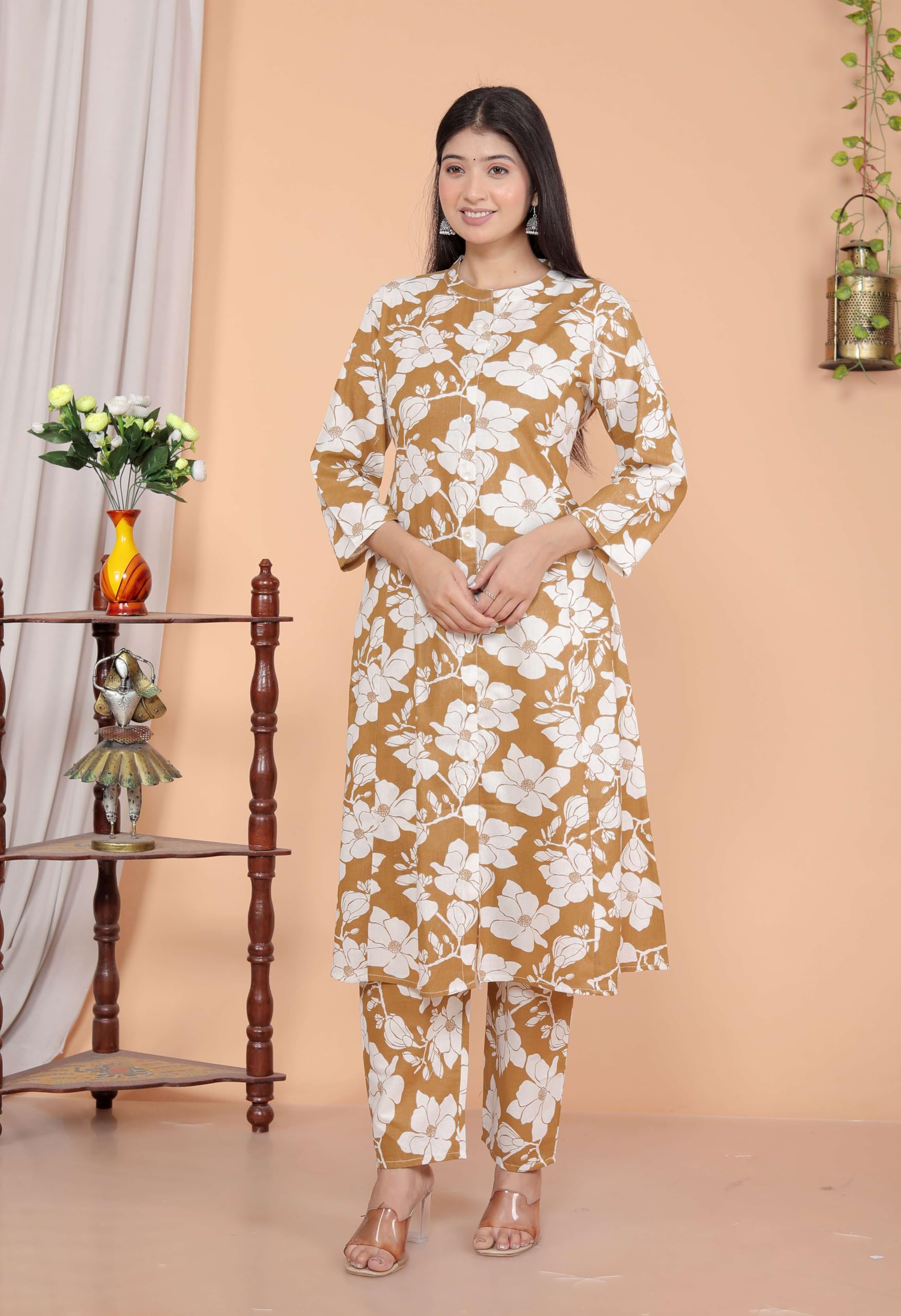 Women's Cotton Floral Printed Mandarin Collar A-Line Kurti with Pant (Brown) (BLACKLUXE CRAFTS) - BLACKLUXECRAFTS