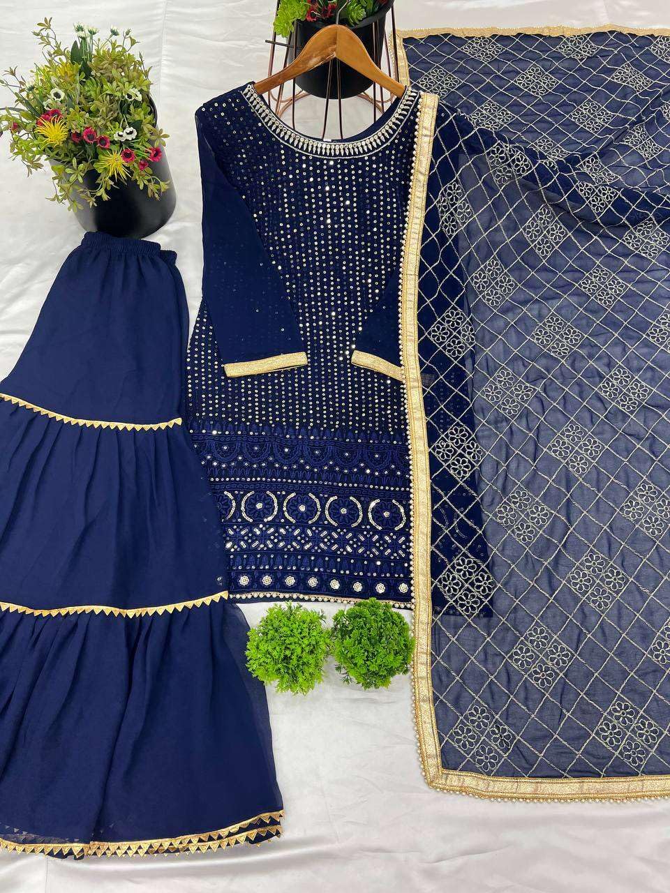 Georgette Sharara Suit with Mirror Work & Embroidered Dupatta | Party Wear Indian Ethnic Set (BLACKLUXE CRAFTS) - BLACKLUXECRAFTS