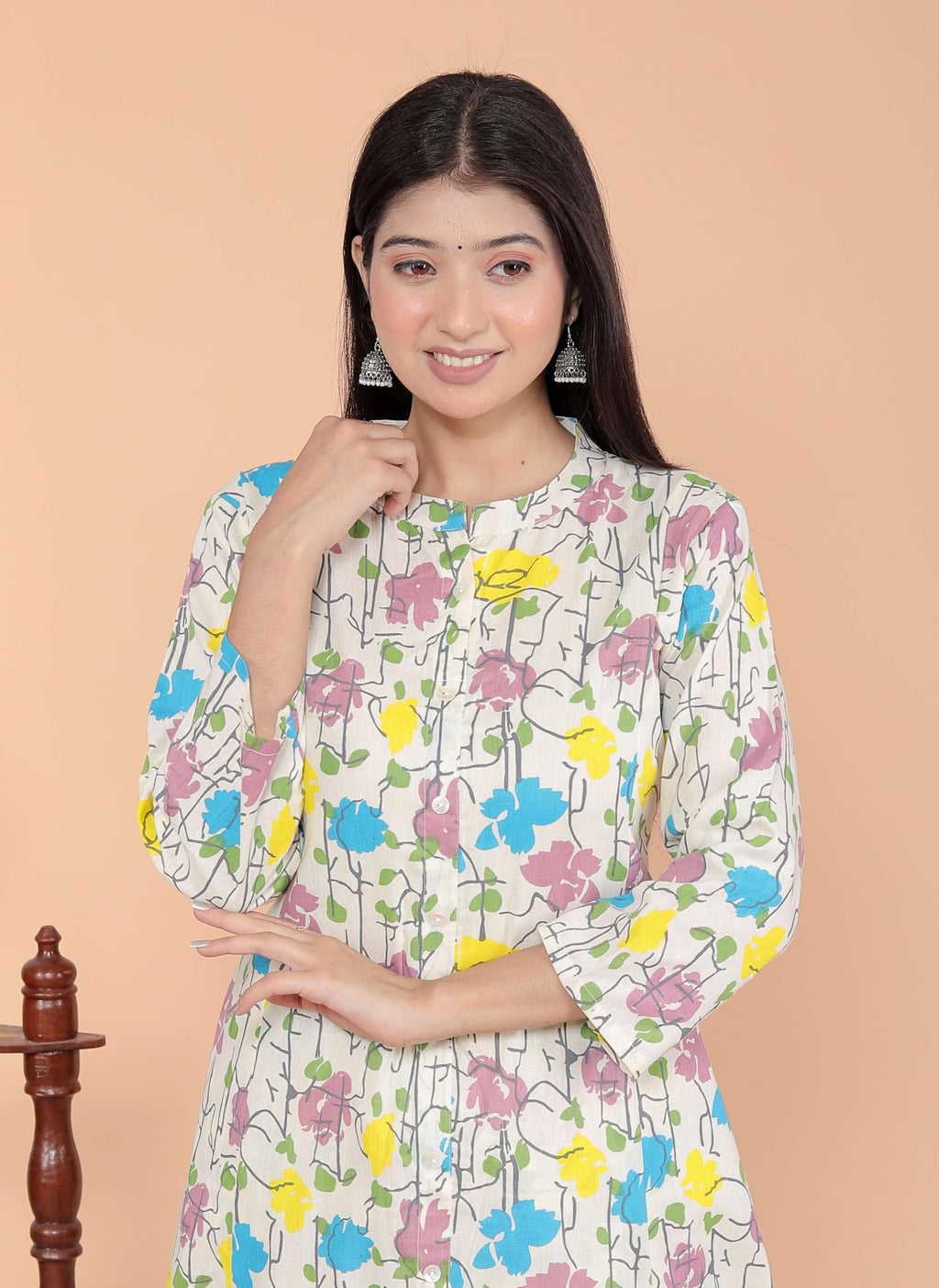 Women's Cotton Floral Printed Mandarin Collar A-Line Kurti with Pant (Cream)(BLACKLUXE CRAFTS) - BLACKLUXECRAFTS