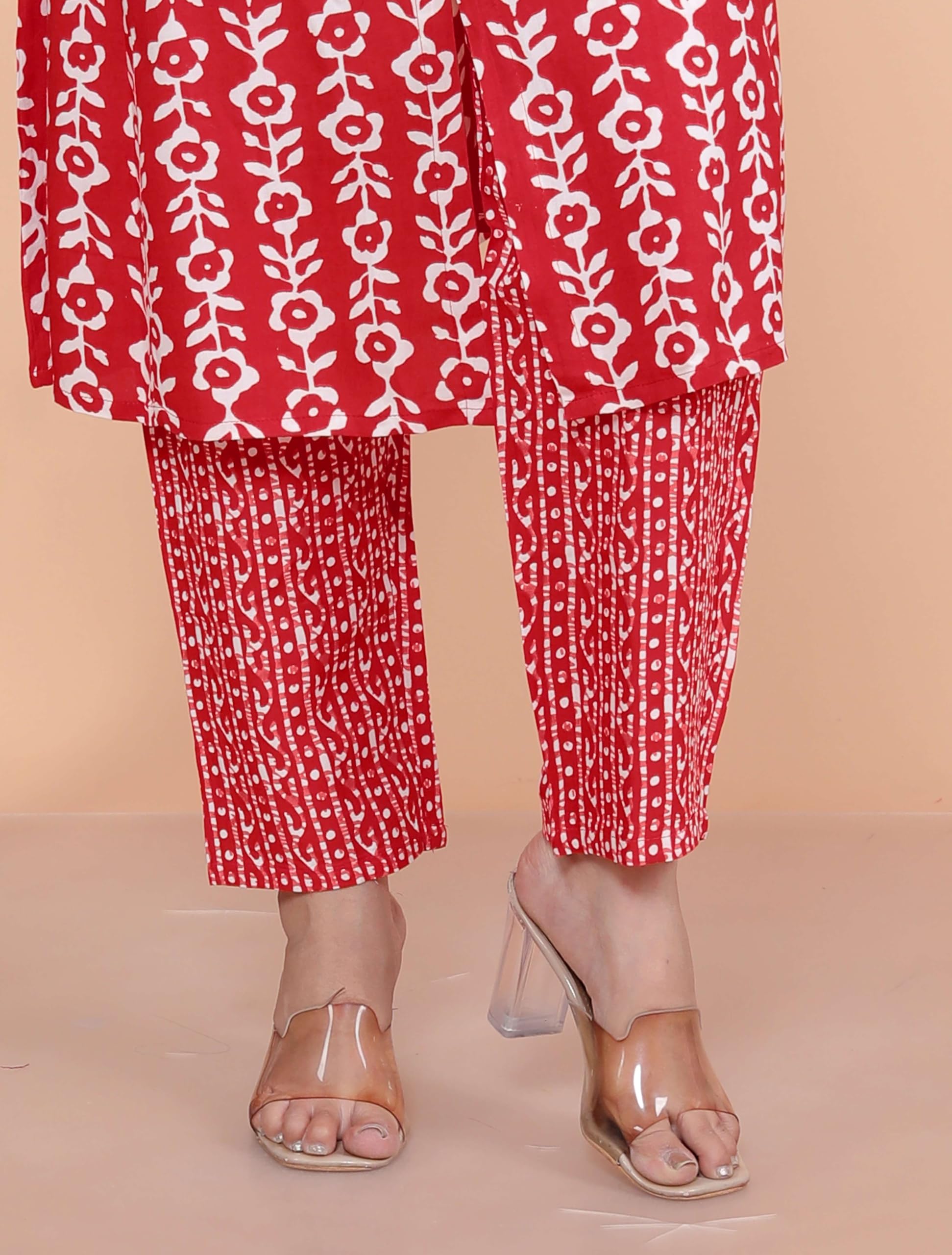 Women's Rayon Floral Printed Mandarin Collar A-Line Kurti with Trousers (Red)(BLACKLUXE CRAFTS) - BLACKLUXECRAFTS