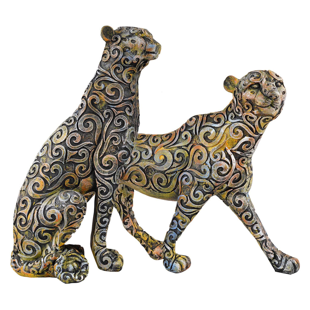 Handmade Colorful Leopard Figurines Set – Artistic Resin Cheetah Statues with Intricate Carved Patterns for Modern Home Décor Set Of Two (BLACKLUXE CRAFTS) - BLACKLUXECRAFTS