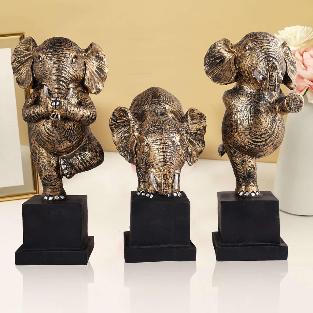 Handmade Yoga Elephant Figurine Set – Bronze Finish Resin Elephant Statues for Meditation, Good Luck & Home Décor (Set Of 3) (BLACKLUXE CRAFTS) - BLACKLUXECRAFTS