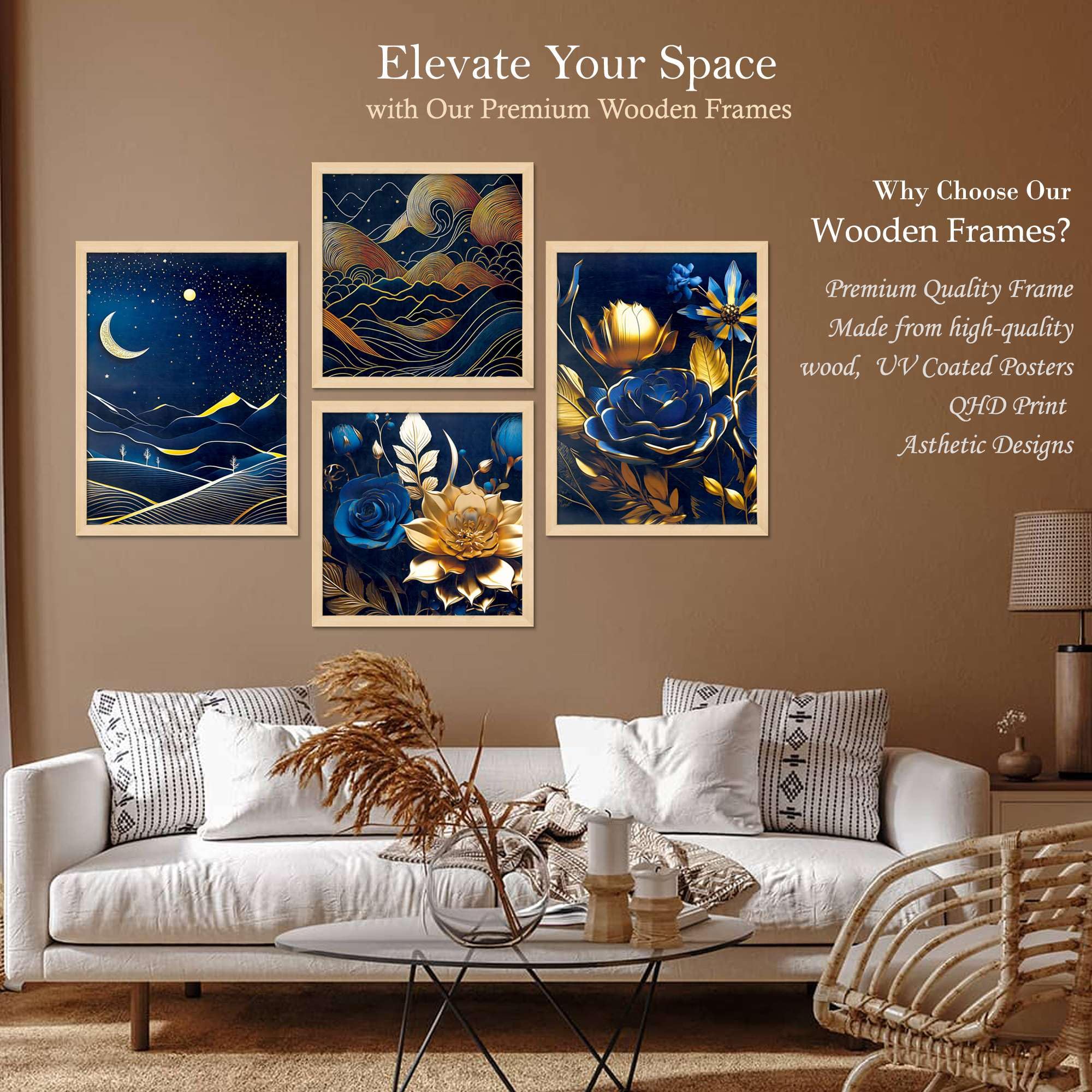 Luxury Blue & Gold Wall Art Set of 4 | Moonlight Landscape & Floral Canvas Prints | Modern Framed Artwork for Living Room, Bedroom & Office Decor
( 36X24 Inches ) (BLACKLUXE CRAFTS) - BLACKLUXECRAFTS