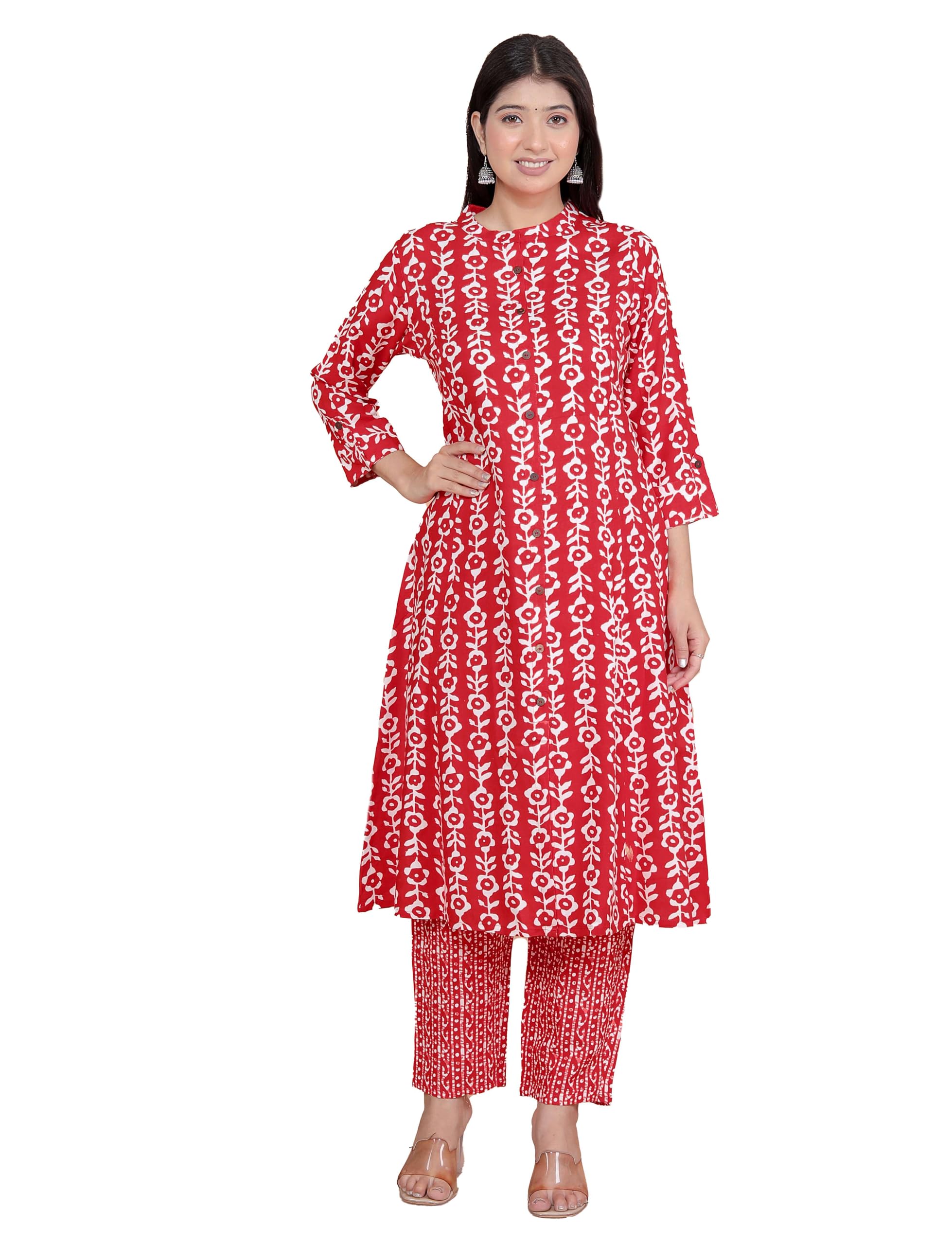 Women's Rayon Floral Printed Mandarin Collar A-Line Kurti with Trousers (Red)(BLACKLUXE CRAFTS) - BLACKLUXECRAFTS