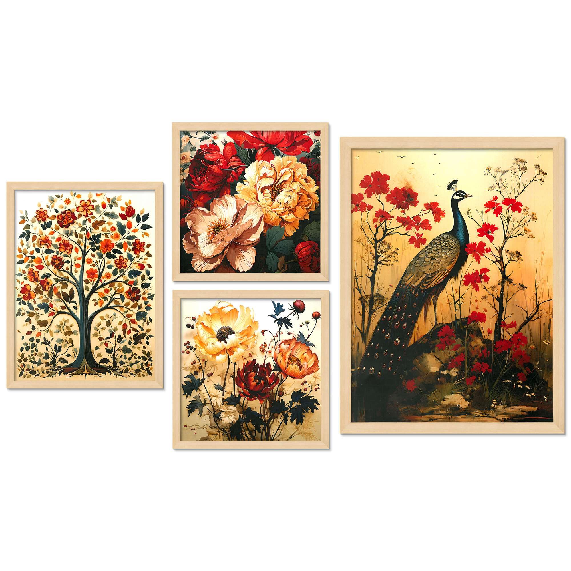 Peacock & Floral Wall Art Set – Traditional Indian Nature-Inspired Canvas Paintings | Elegant Home Decor for Living Room, Bedroom & Office | Handmade in India ( 36X24 Inches ) (BLACKLUXE CRAFTS) - BLACKLUXECRAFTS