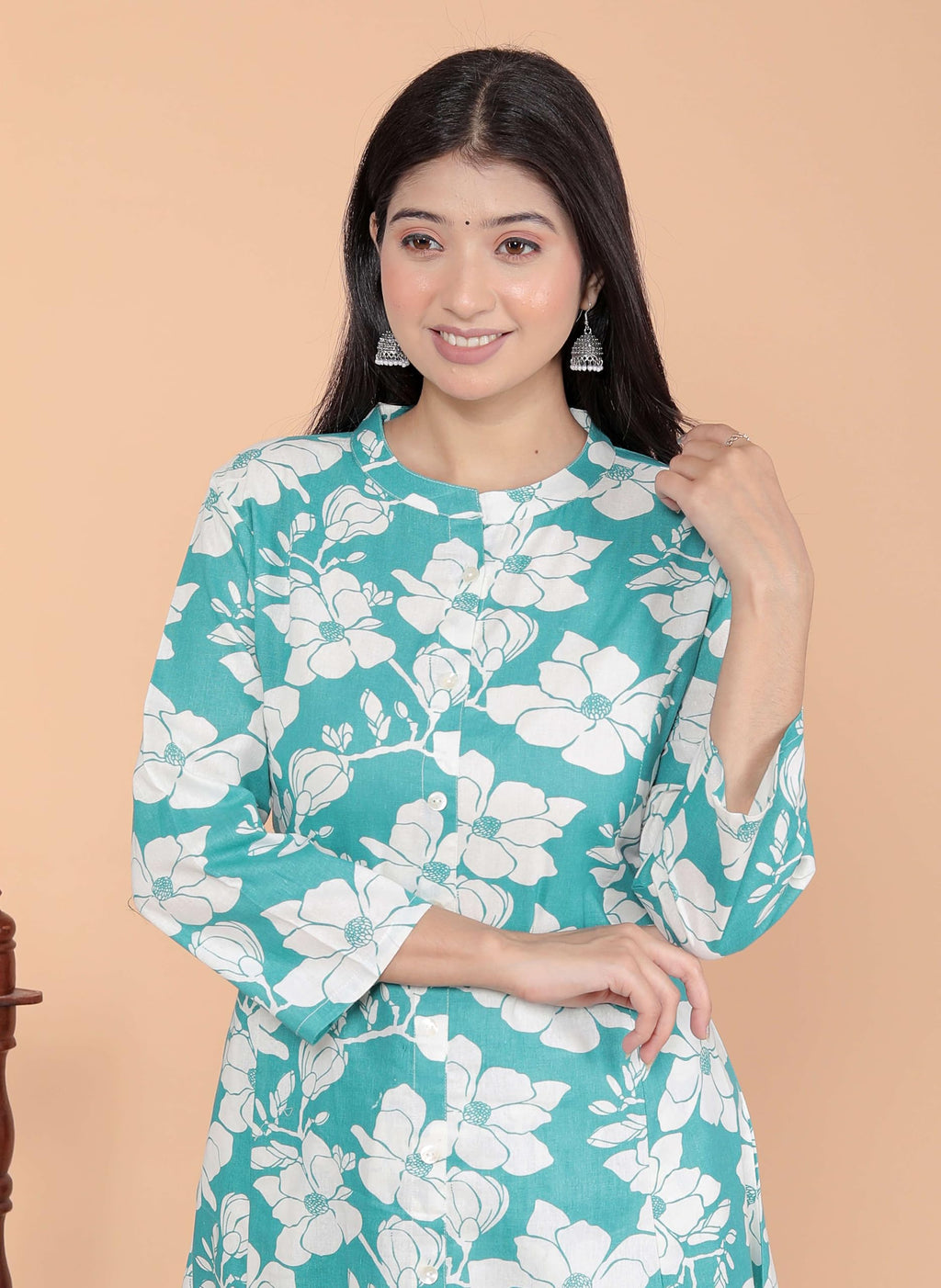 Women's Cotton Floral Printed Mandarin Collar A-Line Kurti with Pant (Sky Blue) (BLACKLUXE CRAFTS) - BLACKLUXECRAFTS