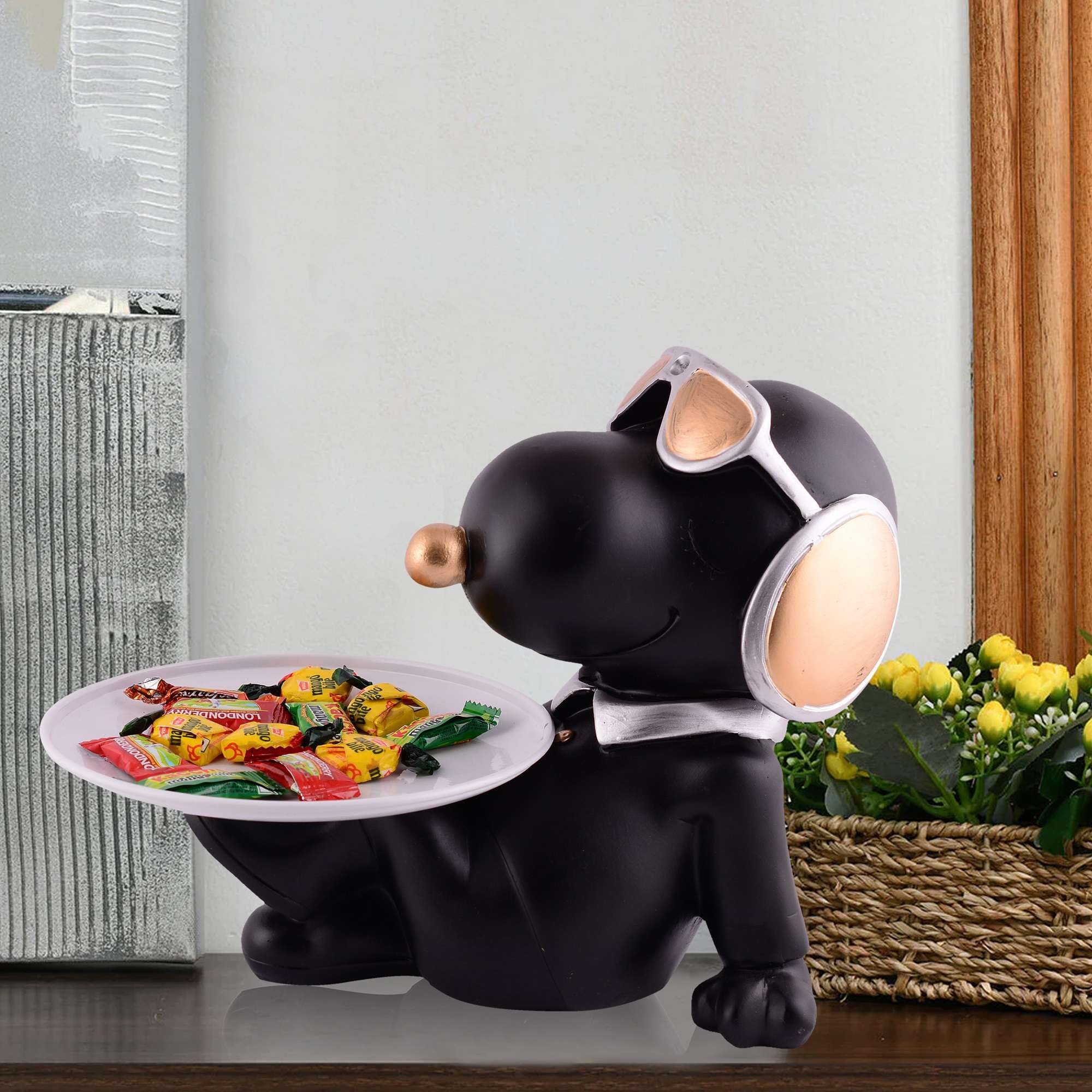 Black Dog Figurine with Tray – Handcrafted Resin Puppy Statue Candy & Snack Holder for Modern Home Décor (BLACKLUXE CRAFTS) - BLACKLUXECRAFTS