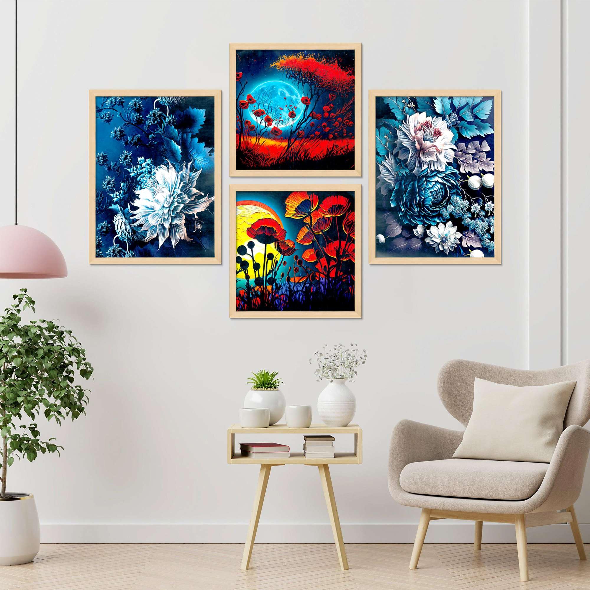 Floral Moonlight Wall Art Set of 4 | Vibrant Red & Blue Flower Canvas Prints | Modern Framed Artwork for Living Room, Bedroom & Office Decor
 ( 36X24 Inches ) (BLACKLUXE CRAFTS) - BLACKLUXECRAFTS