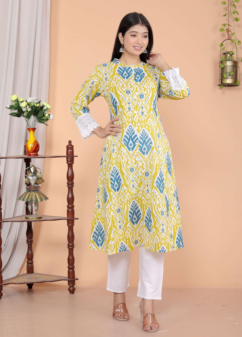 Women's Cotton Printed Mandarin Collar A-Line Kurti with Pant (Lemon) (BLACKLUXE CRAFTS) - BLACKLUXECRAFTS