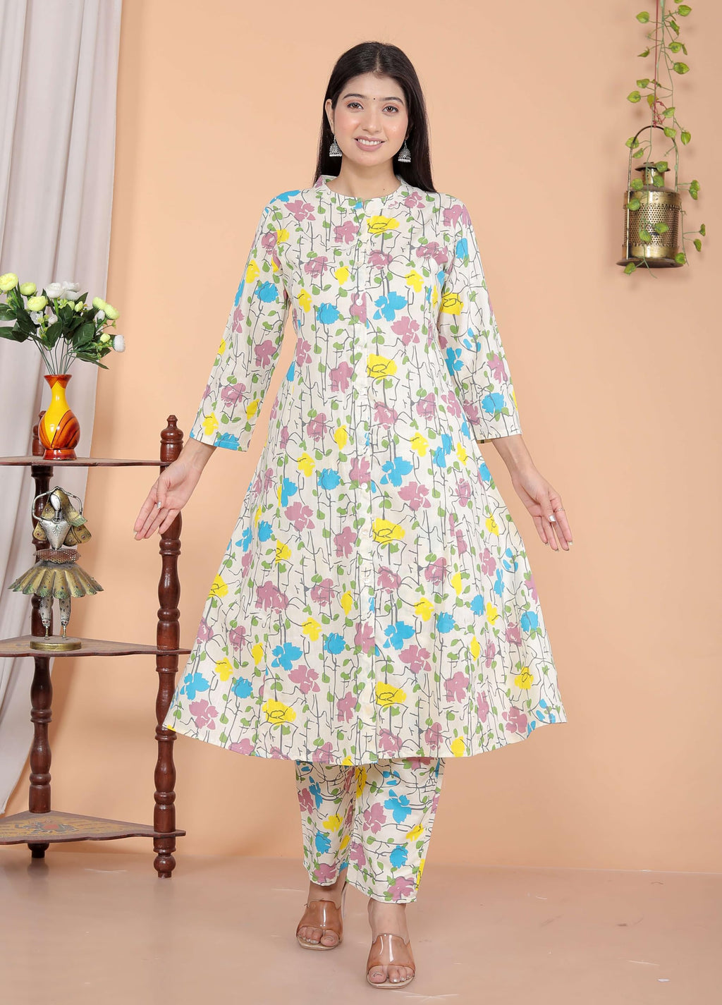 Women's Cotton Floral Printed Mandarin Collar A-Line Kurti with Pant (Cream)(BLACKLUXE CRAFTS) - BLACKLUXECRAFTS