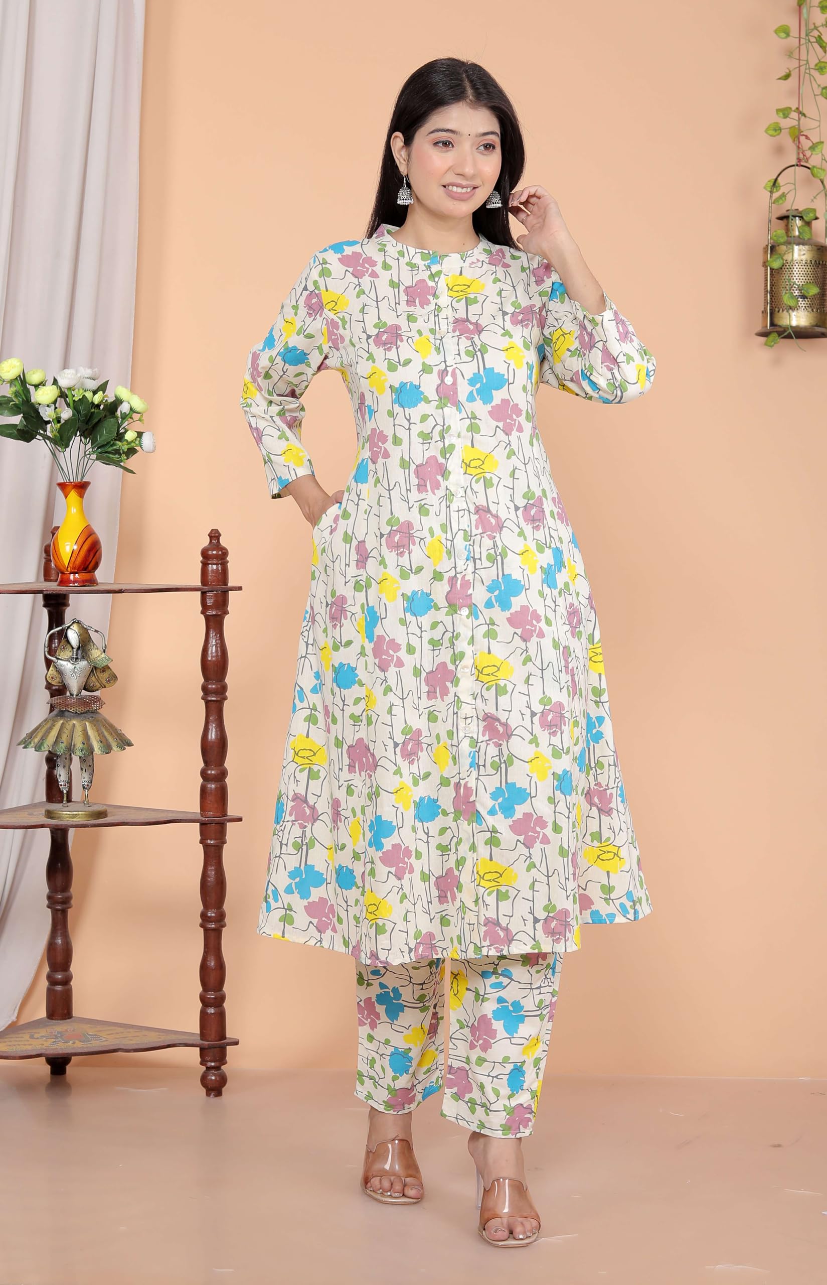 Women's Cotton Floral Printed Mandarin Collar A-Line Kurti with Pant (Cream)(BLACKLUXE CRAFTS) - BLACKLUXECRAFTS