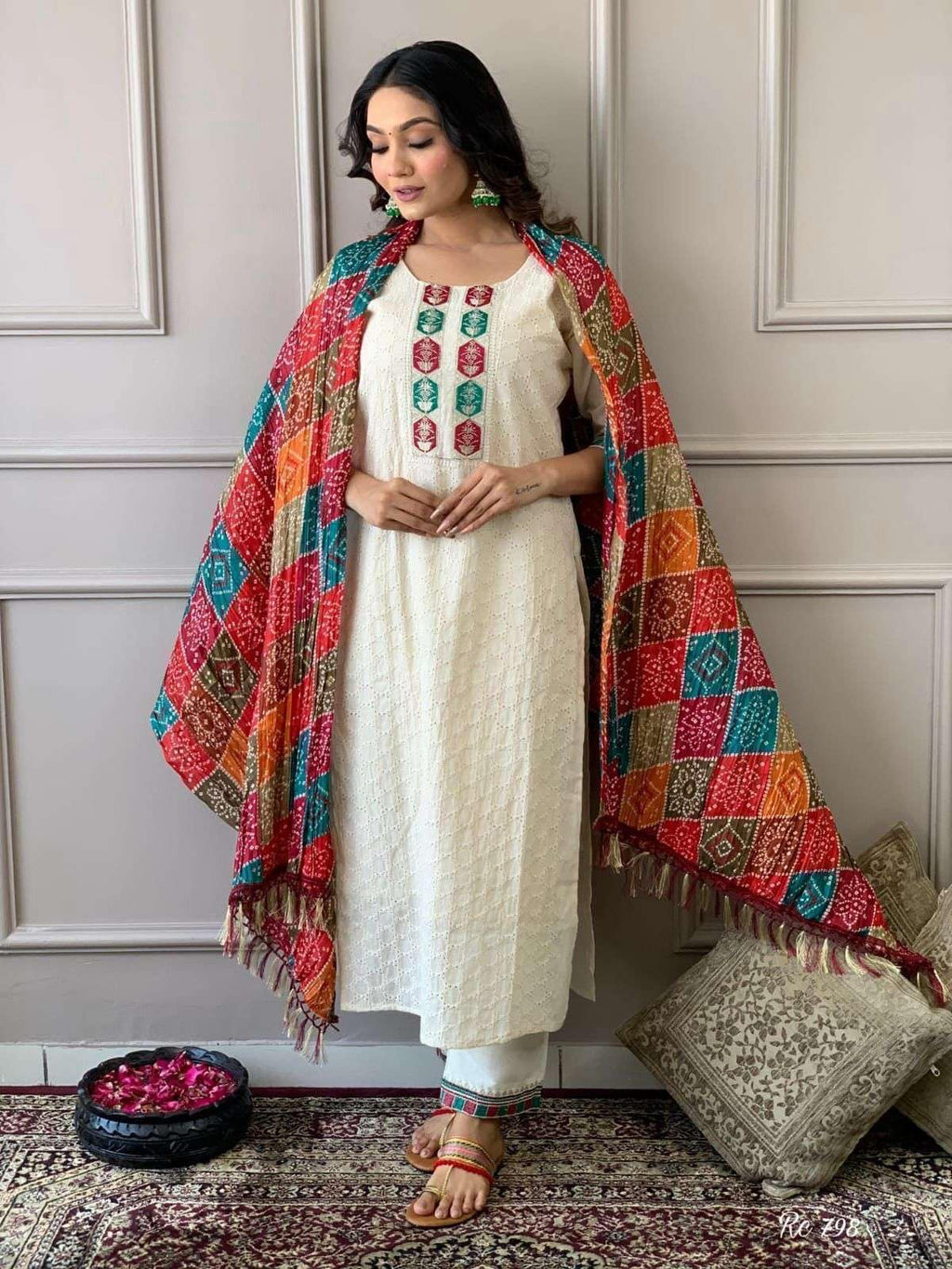 White Cotton Kurta Set with Multicolor Bandhani Dupatta | Indian Pakistani Ethnic Wear for Women (BLACKLUXE CRAFTS) - BLACKLUXECRAFTS