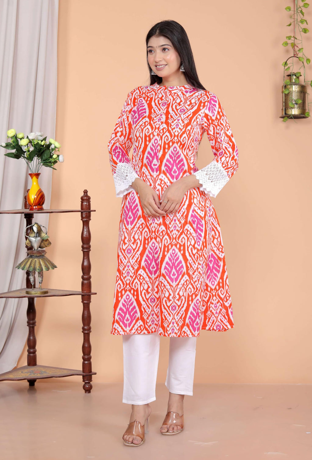 Women's Cotton Printed Mandarin Collar A-Line Kurti with Pant (Orange) (BLACKLUXE CRAFTS) - BLACKLUXECRAFTS
