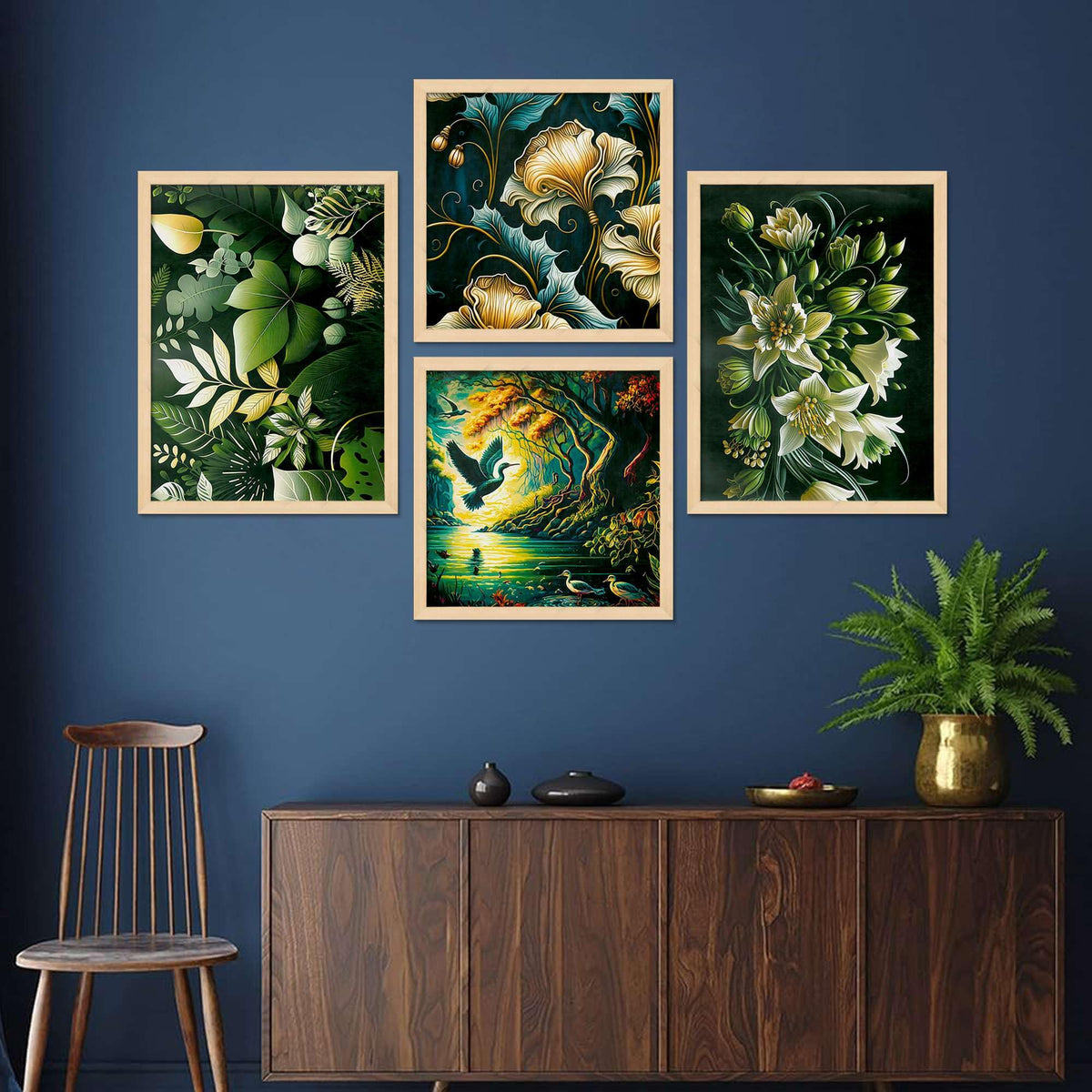 Botanical Wall Art Set of 4 | Nature & Floral Canvas Prints with Green Leaves, Flowers & Landscape | Modern Framed Artwork for Living Room, Bedroom & Office Decor ( 36X24 Inches ) (BLACKLUXE CRAFTS) - BLACKLUXECRAFTS